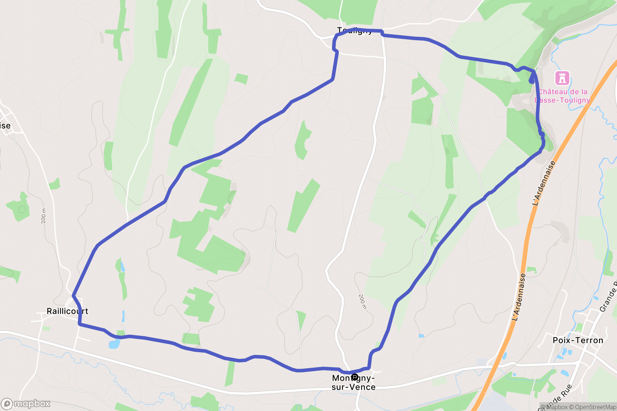 Montigny-sur-Vence : carte du parcours de randonnée - France