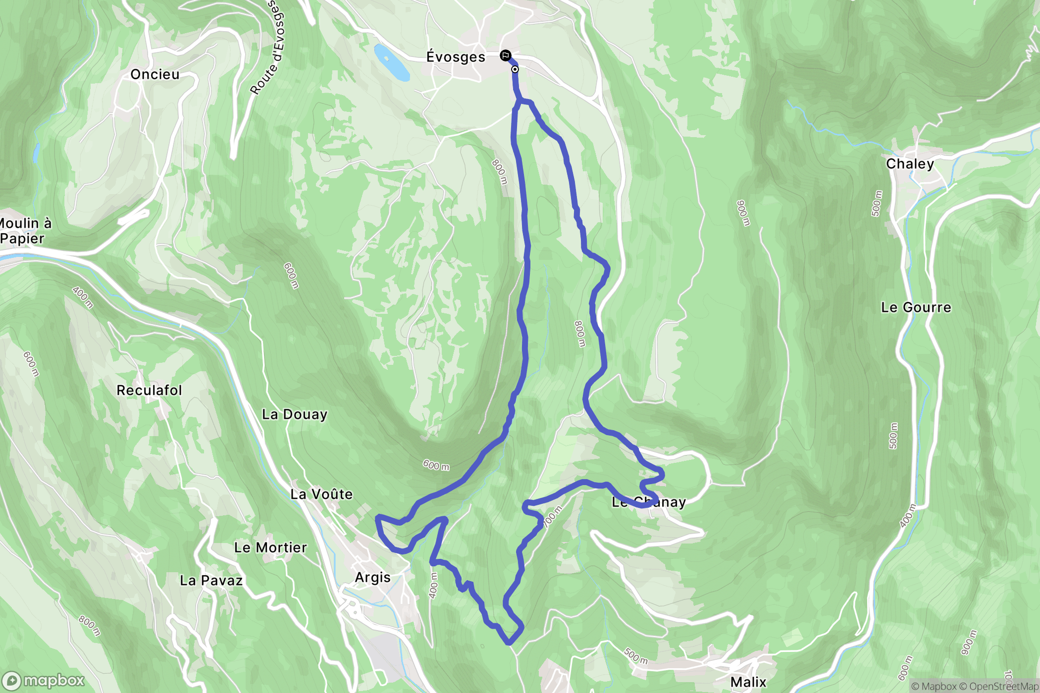 Évosges : carte du parcours de randonnée - France