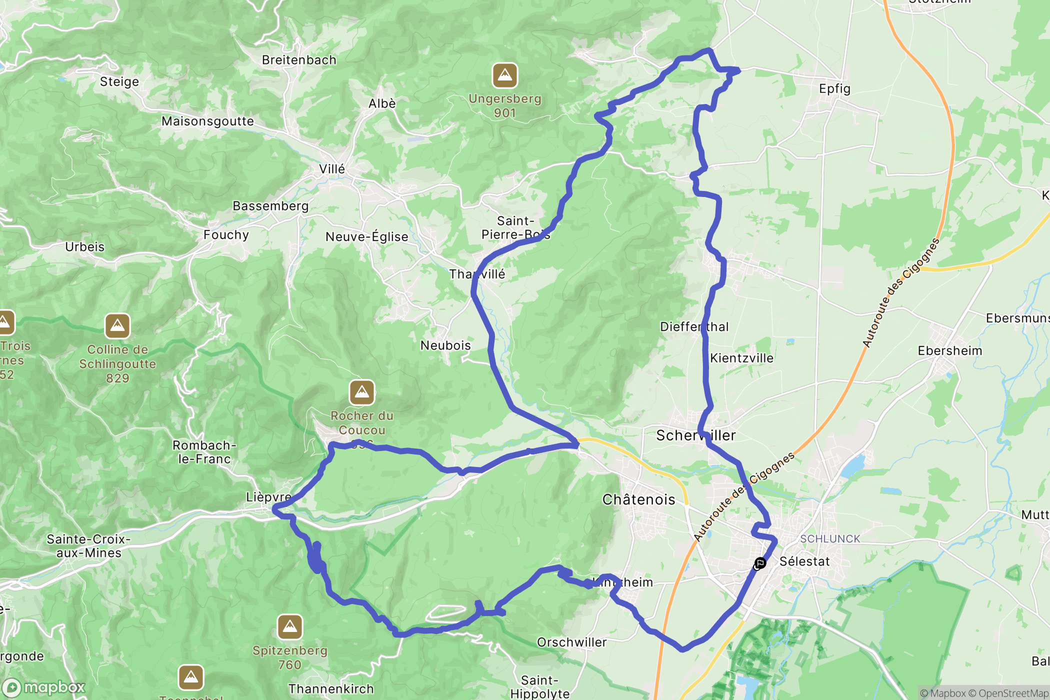 Sélestat : carte du parcours de randonnée - France