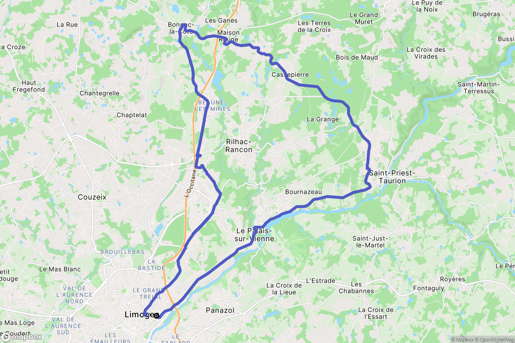 Limoges : carte du parcours de randonnée - France