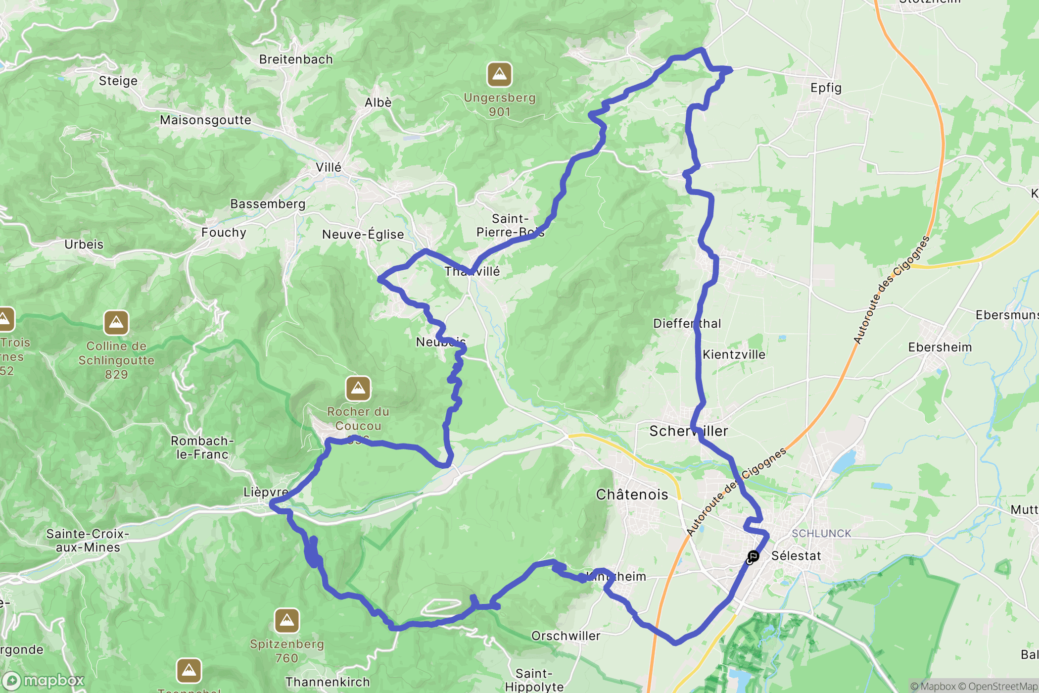 Sélestat : carte du parcours de randonnée - France