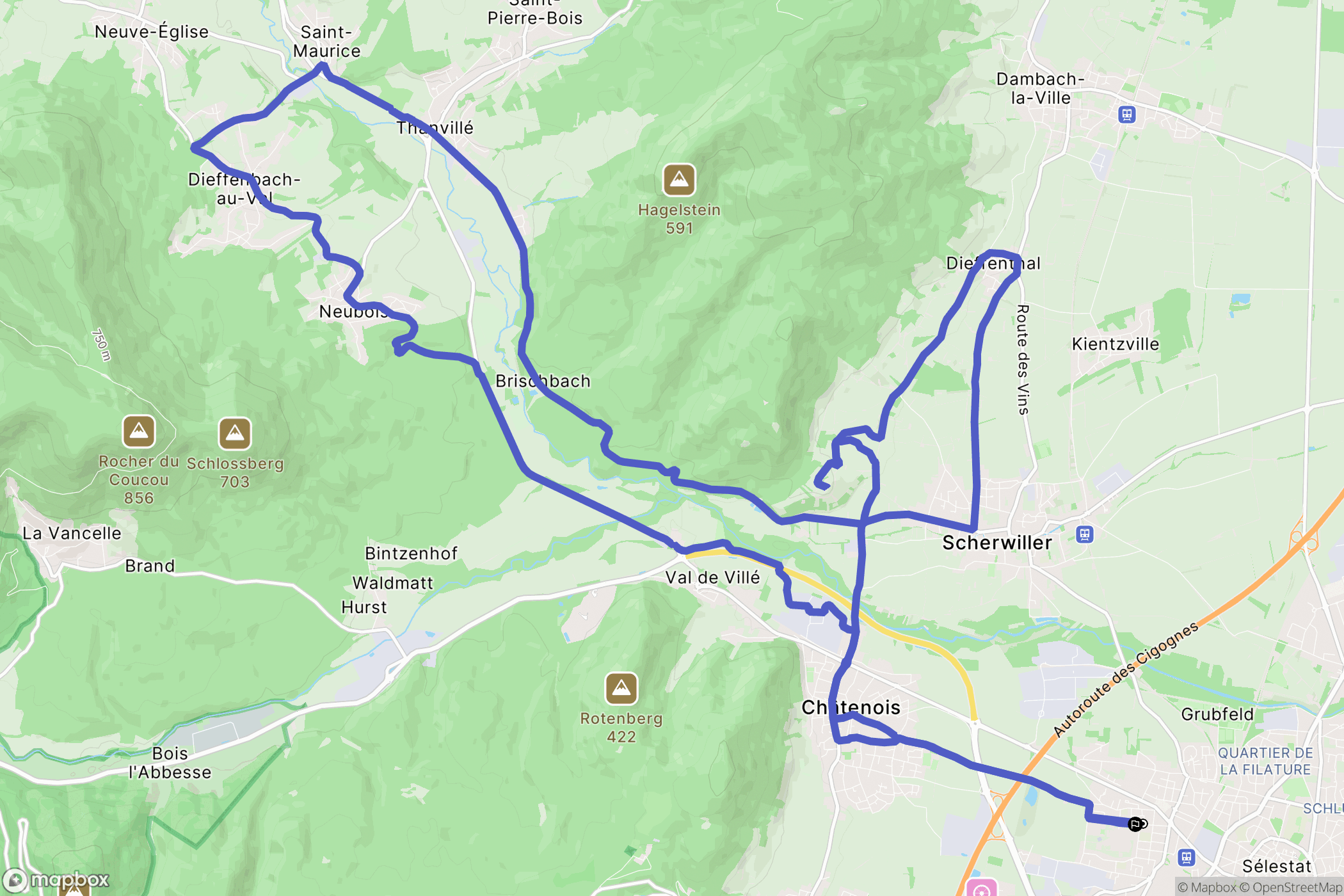 Sélestat : carte du parcours de randonnée - France