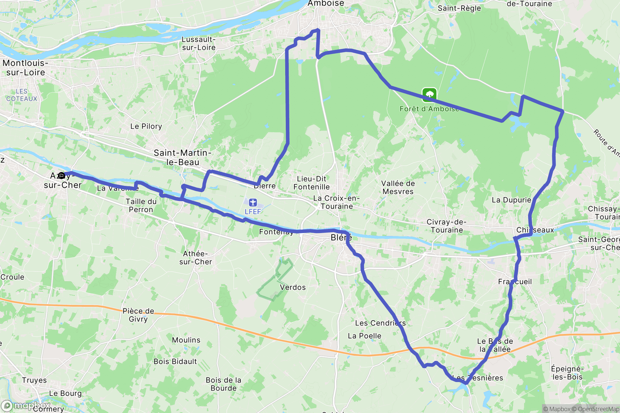 Azay-sur-Cher : carte du parcours de randonnée - France
