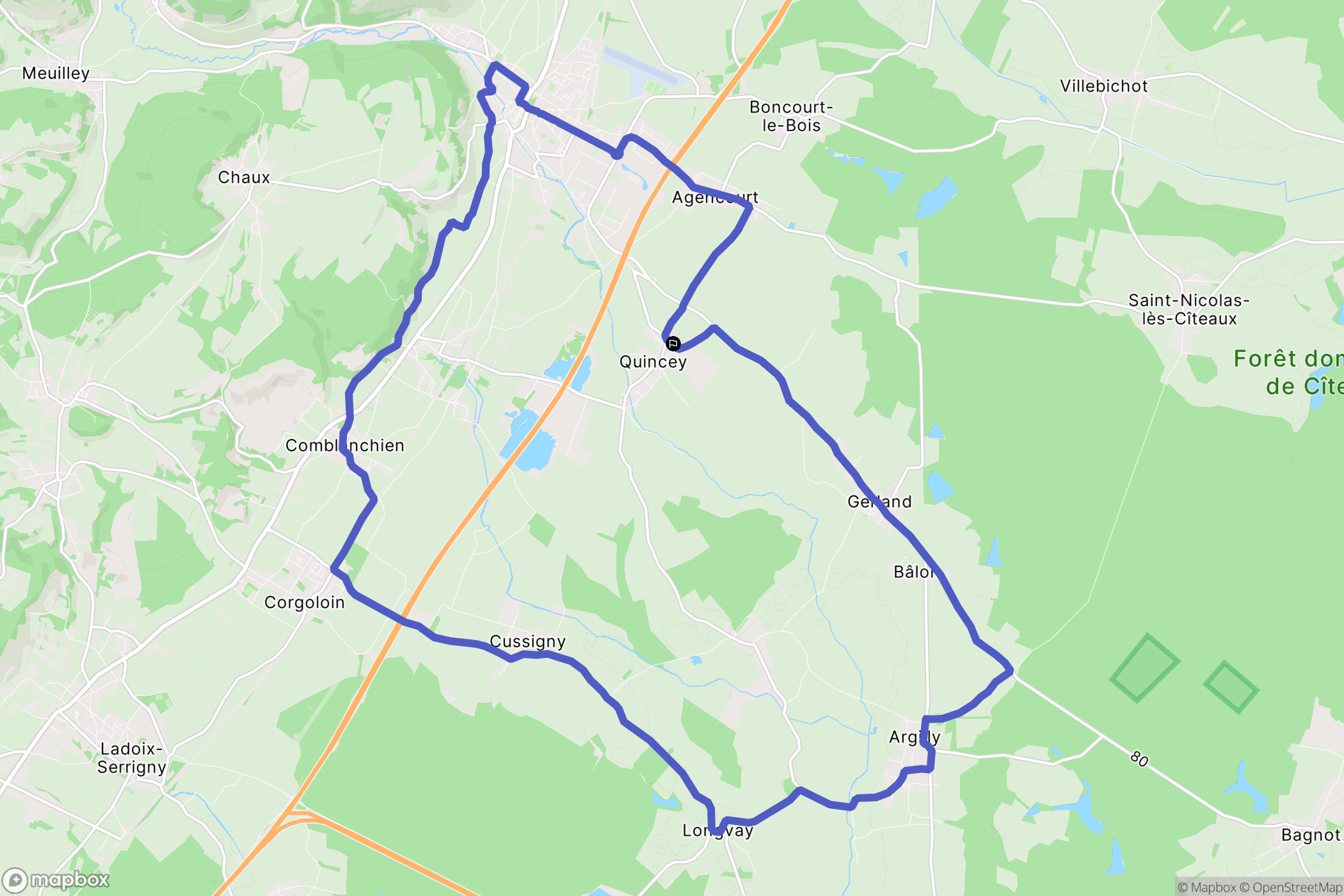 Quincey : carte du parcours de randonnée - France