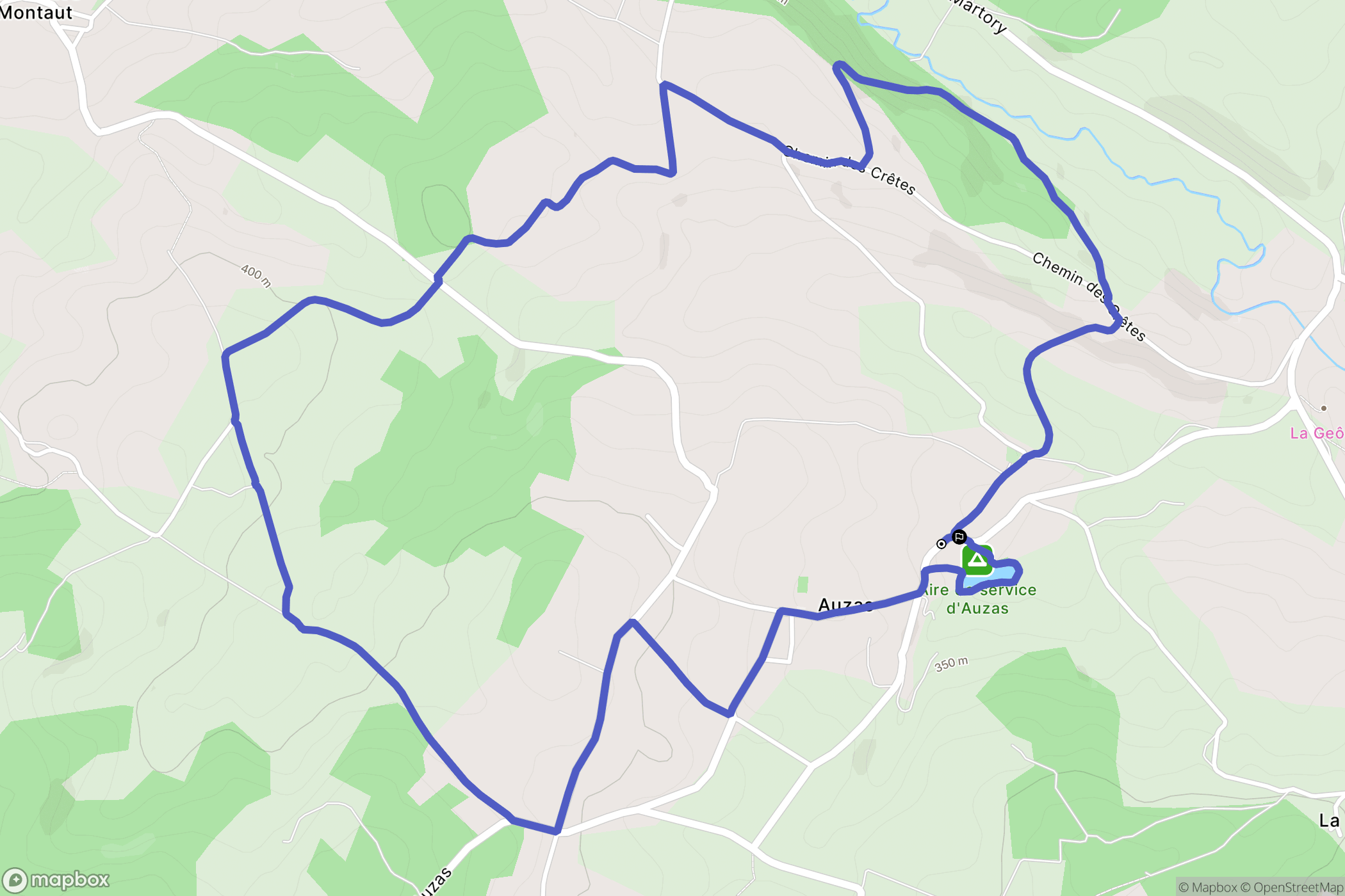 Auzas : carte du parcours de randonnée - France