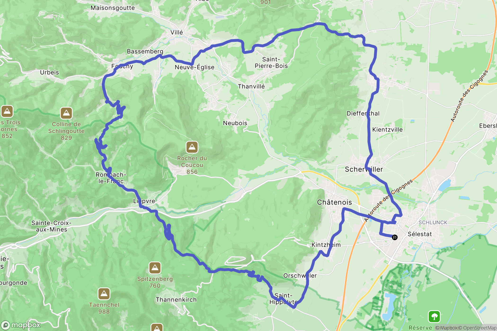 Sélestat : carte du parcours de randonnée - France