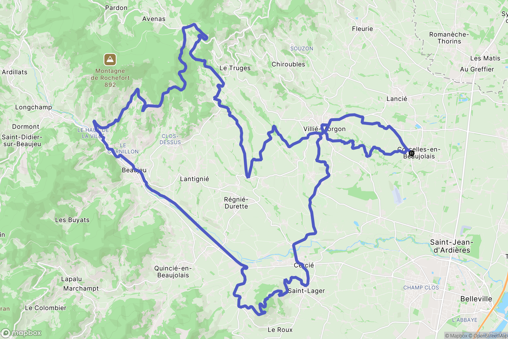 Corcelles-en-Beaujolais : carte du parcours de randonnée - France
