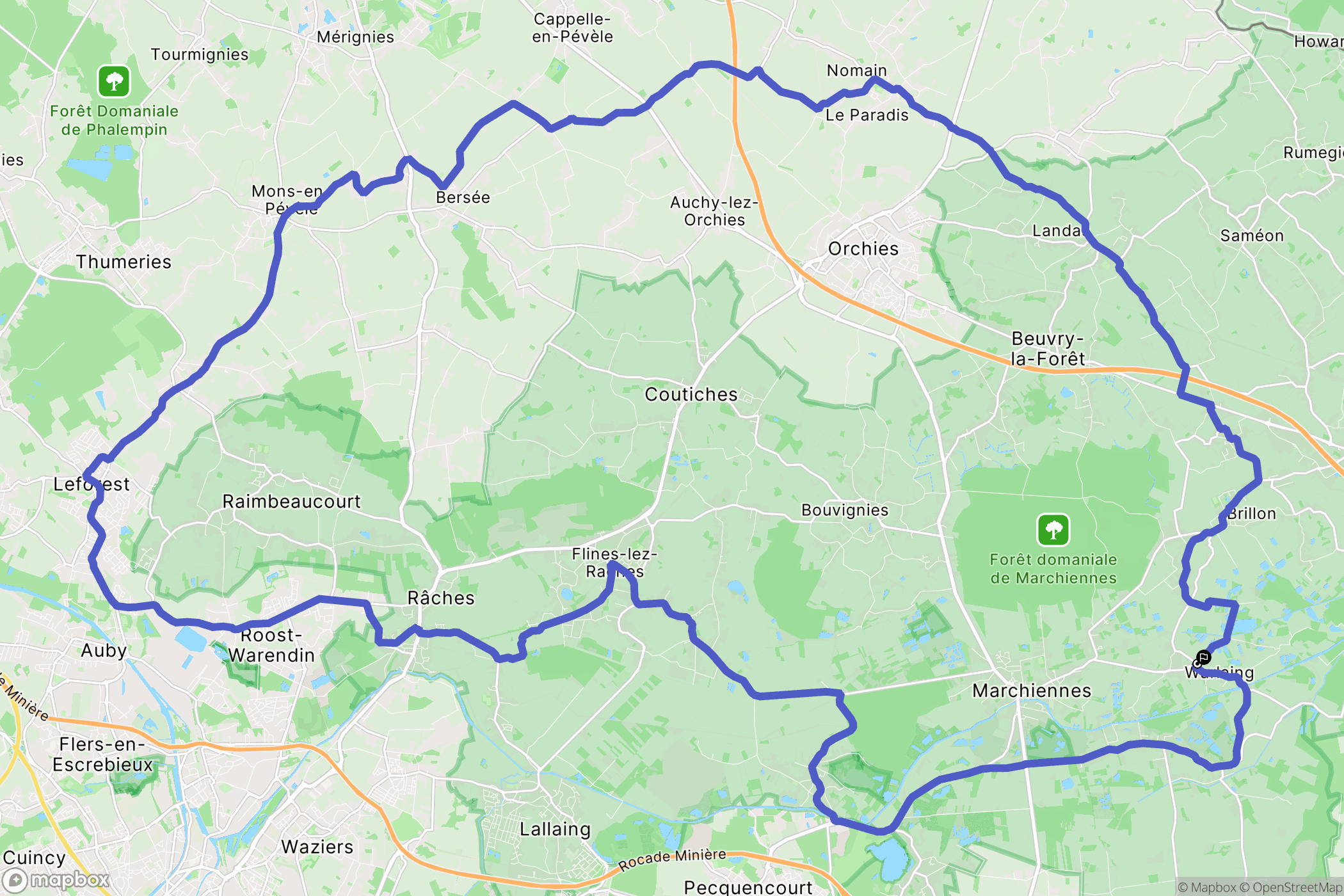 Warlaing : carte du parcours de randonnée - France