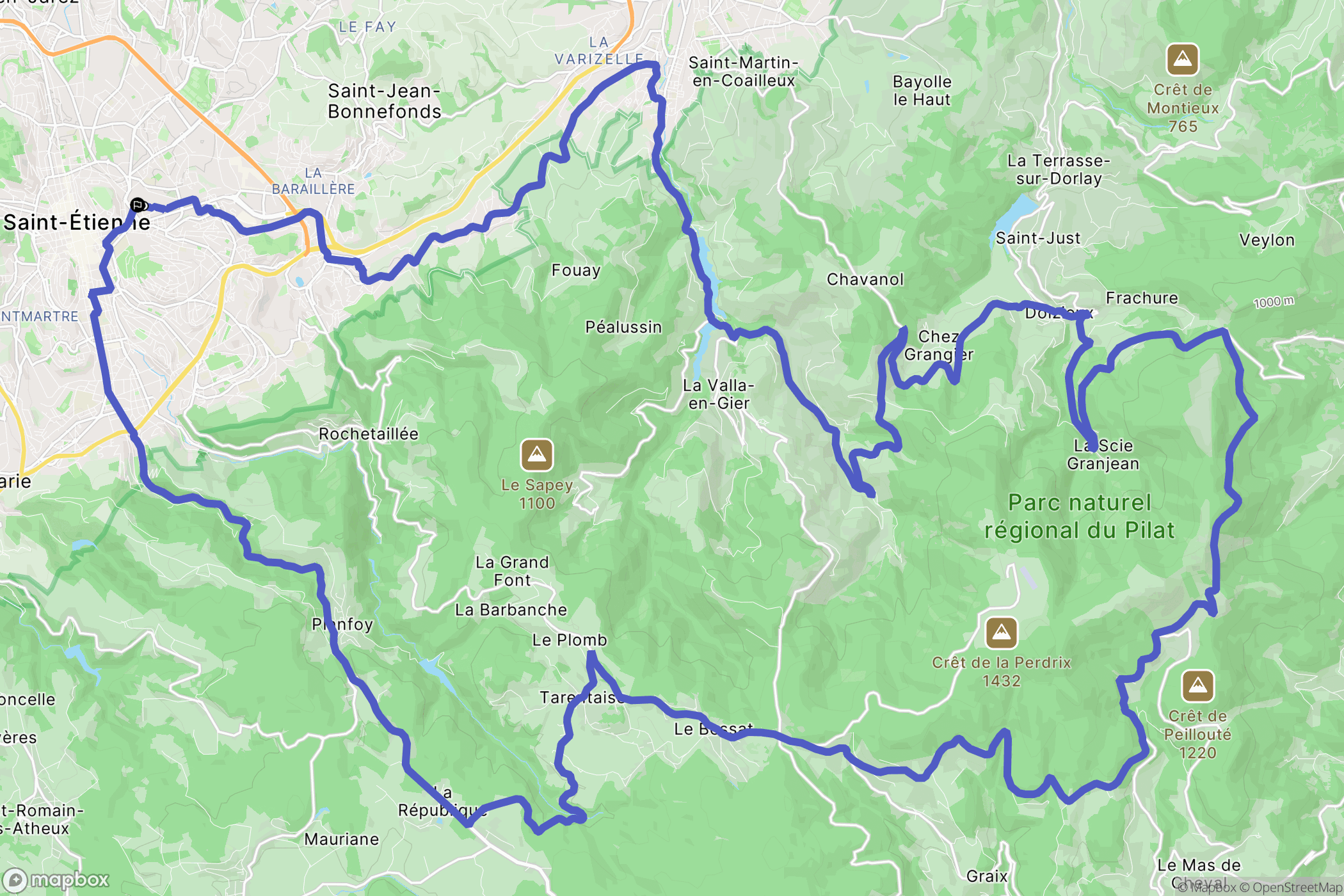 Saint-Étienne : carte du parcours de randonnée - France