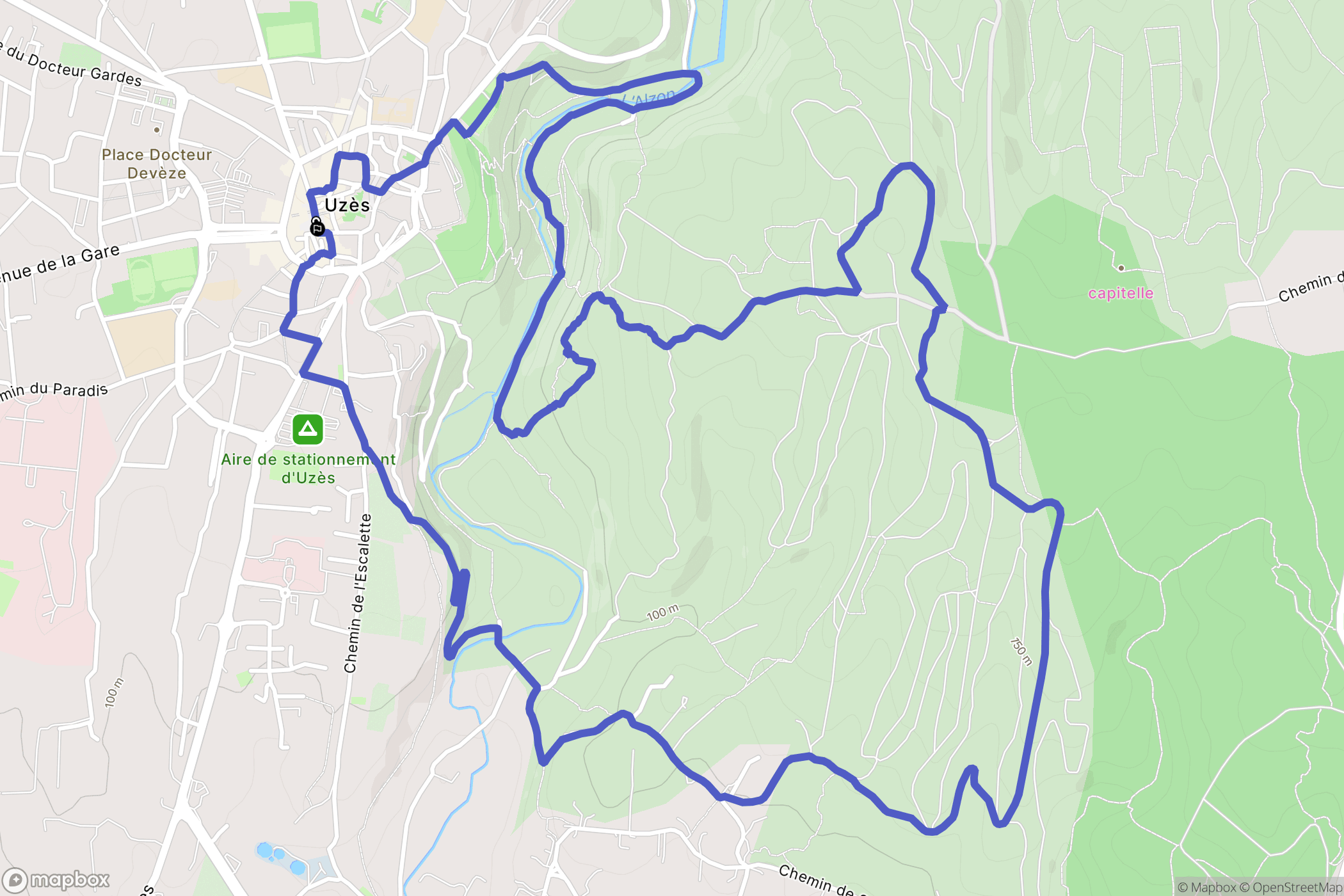 Uzès : carte du parcours de randonnée - France