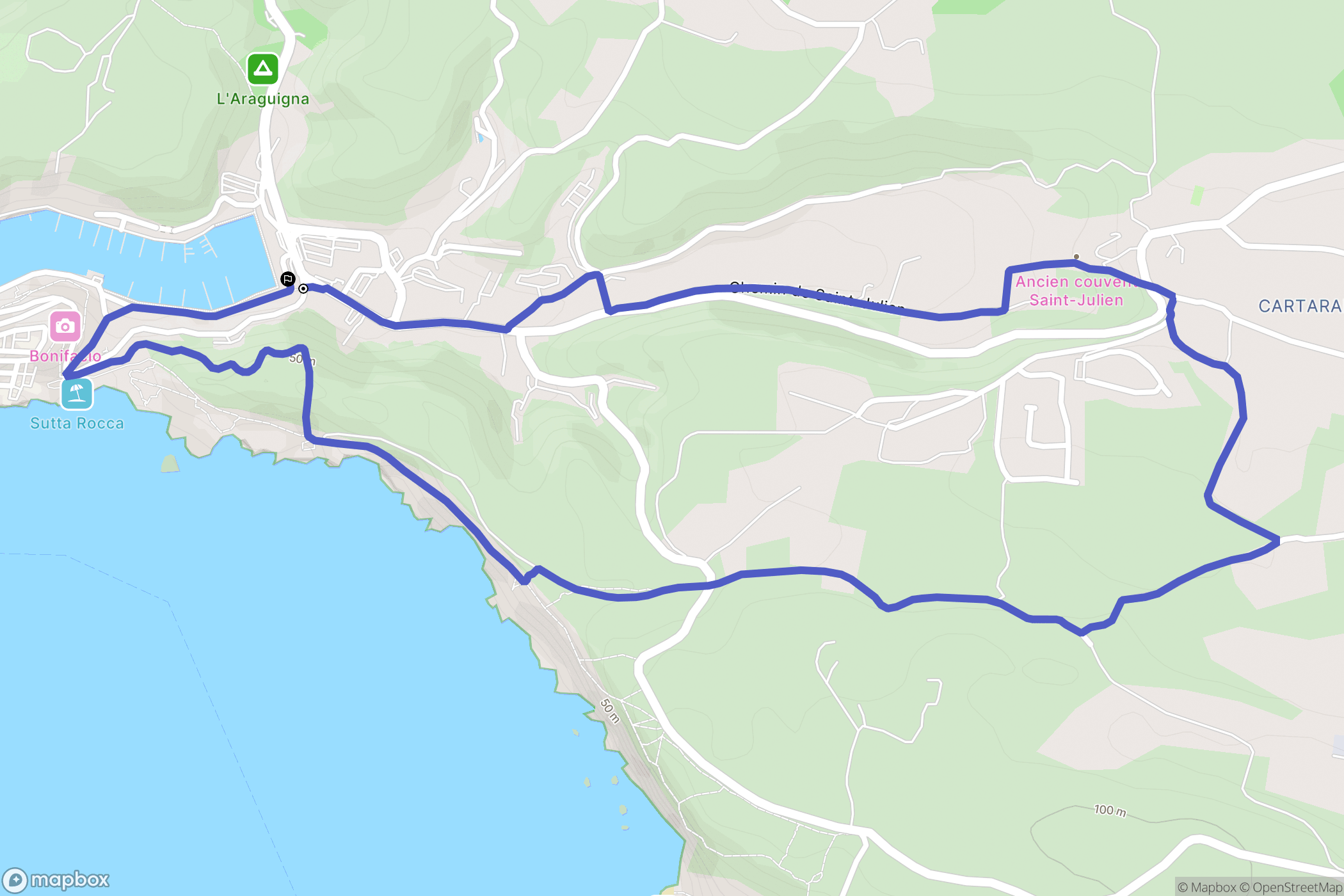 Bonifacio : carte du parcours de randonnée - France