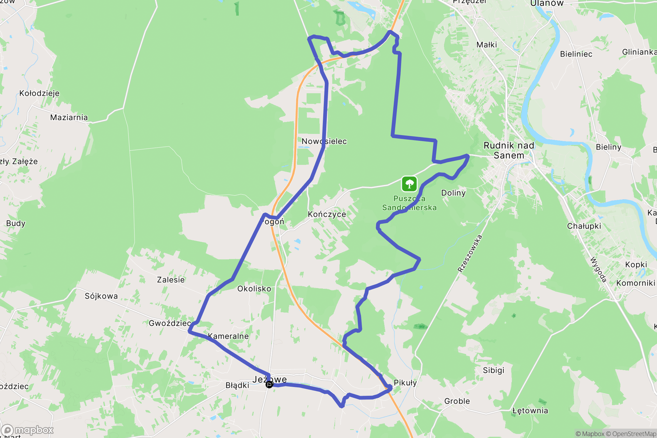 Jeżowe: mapa trasy - Poland