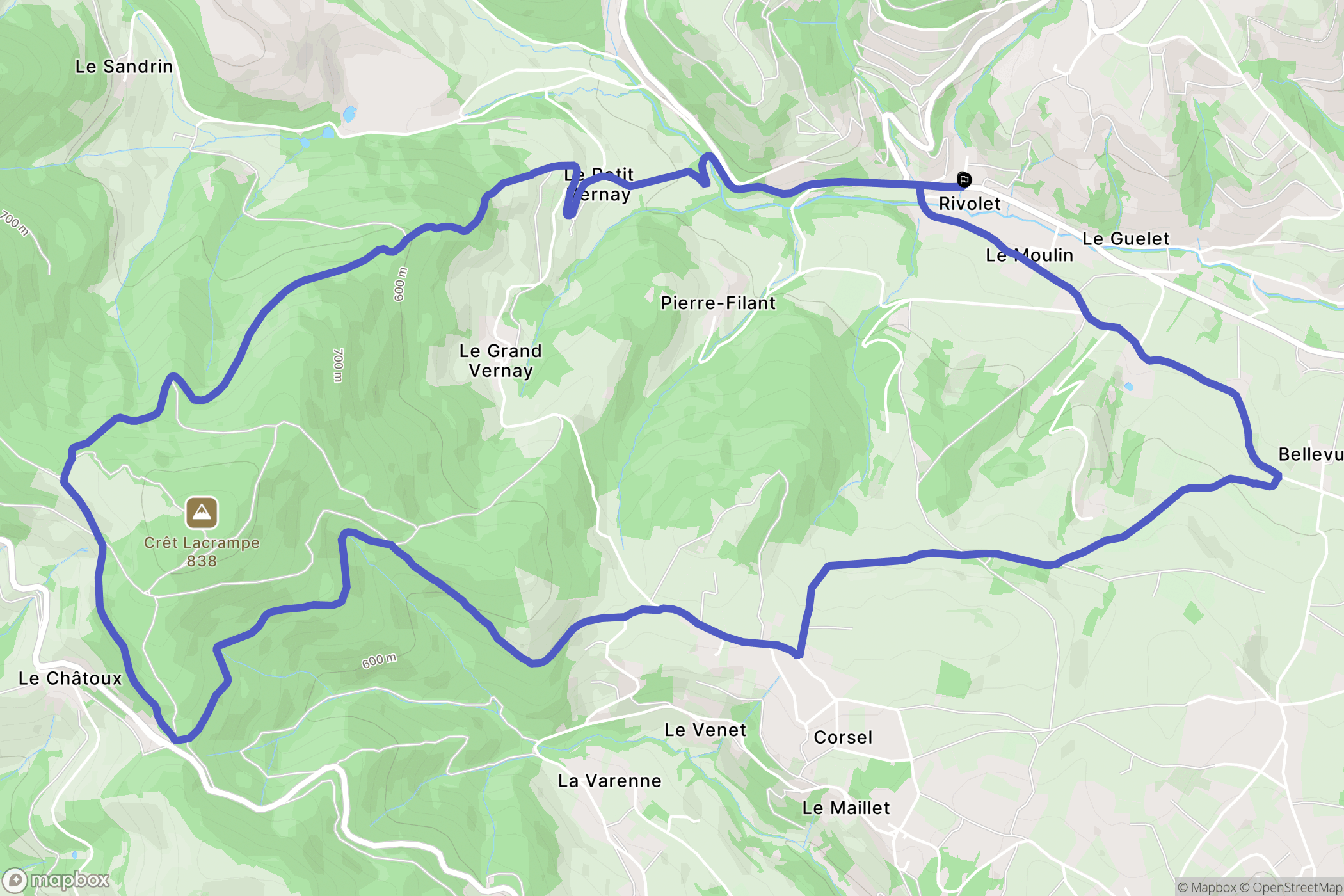 Rivolet : carte du parcours de randonnée - France