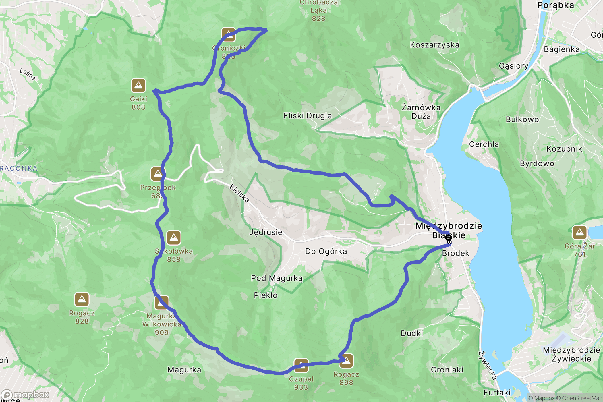 Międzybrodzie Bialskie: mapa trasy - Poland