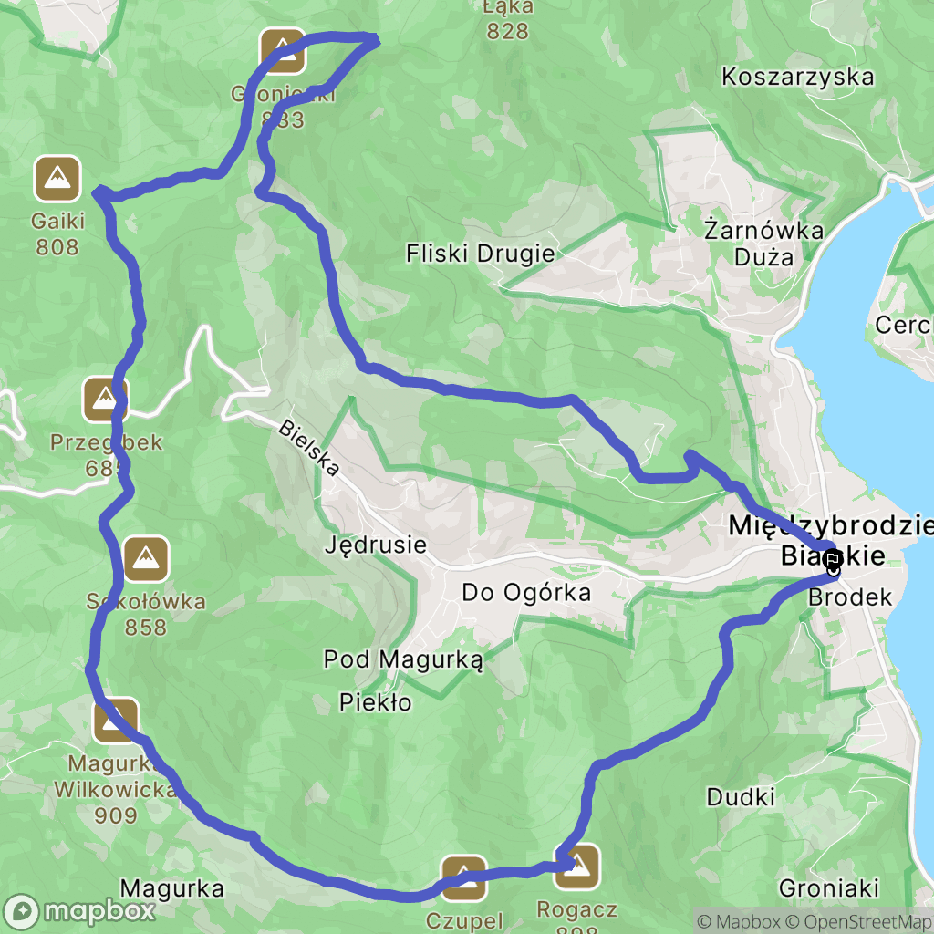 Międzybrodzie Bialskie: mapa trasy - Poland