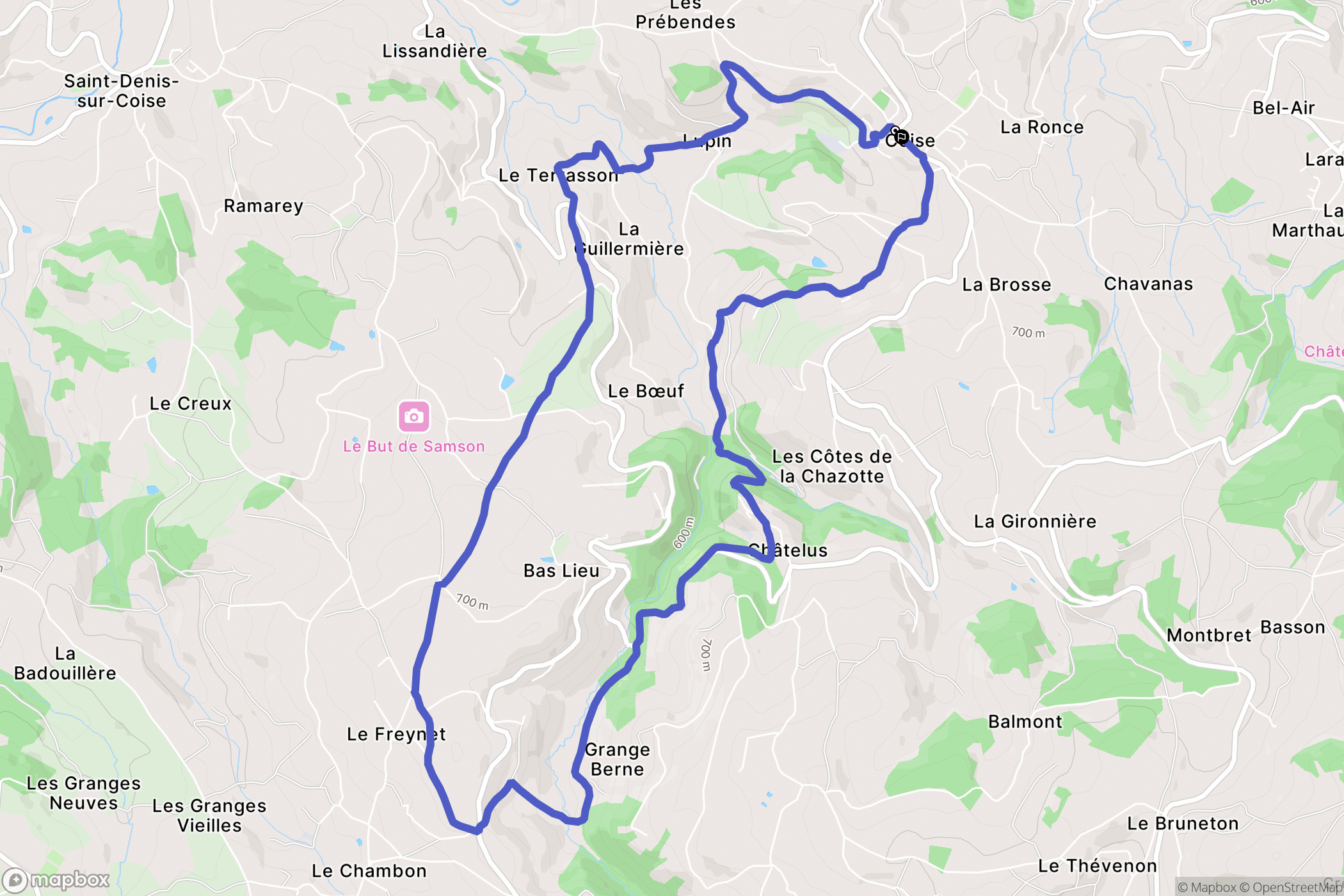 Coise : carte du parcours de randonnée - France