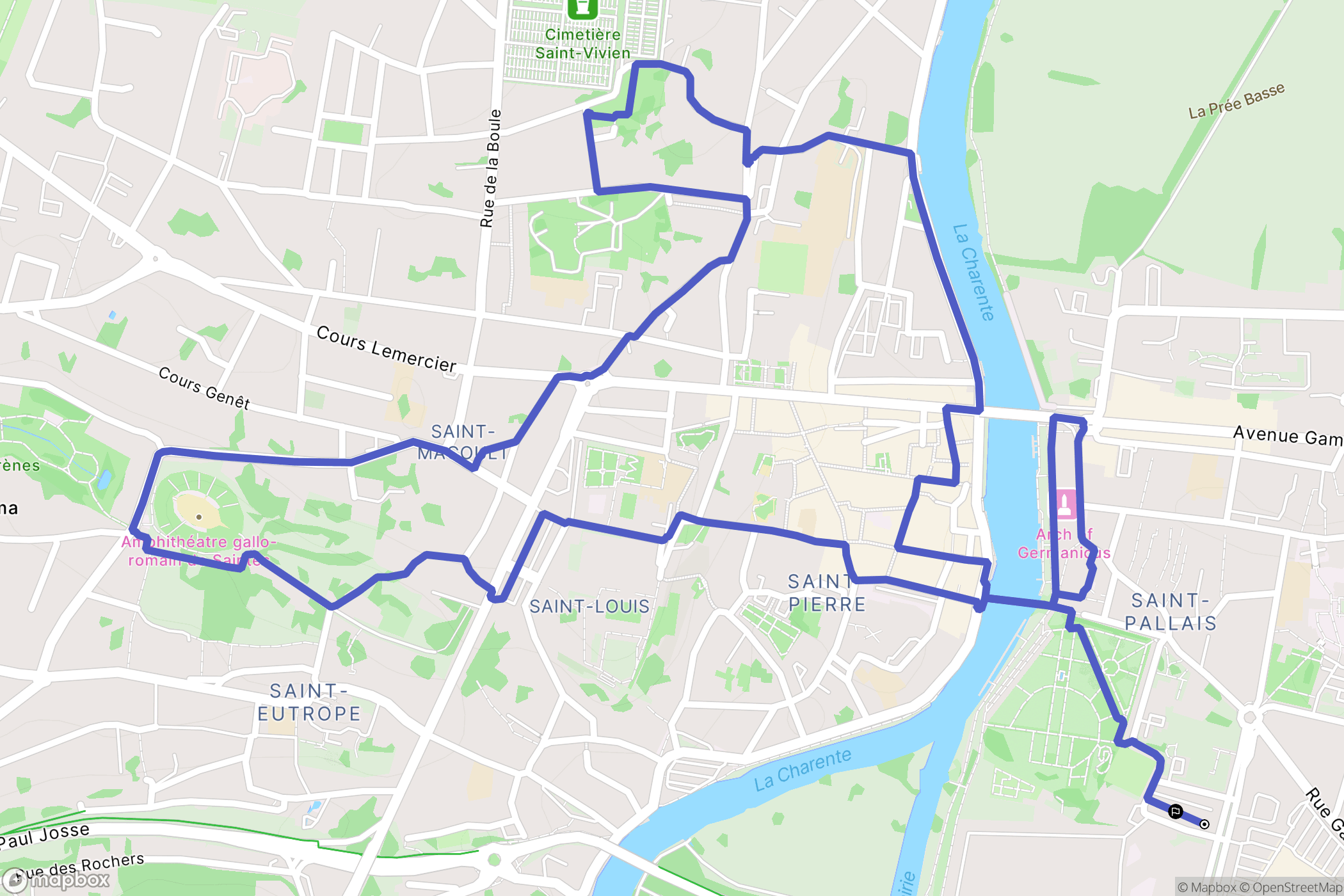 Saintes : carte du parcours de randonnée - France