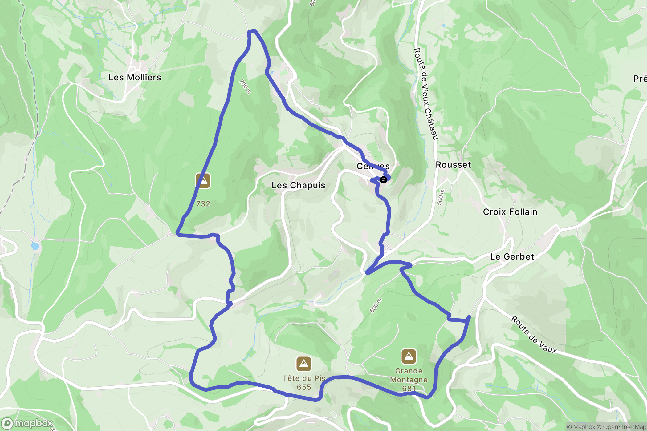 Cenves : carte du parcours de randonnée - France