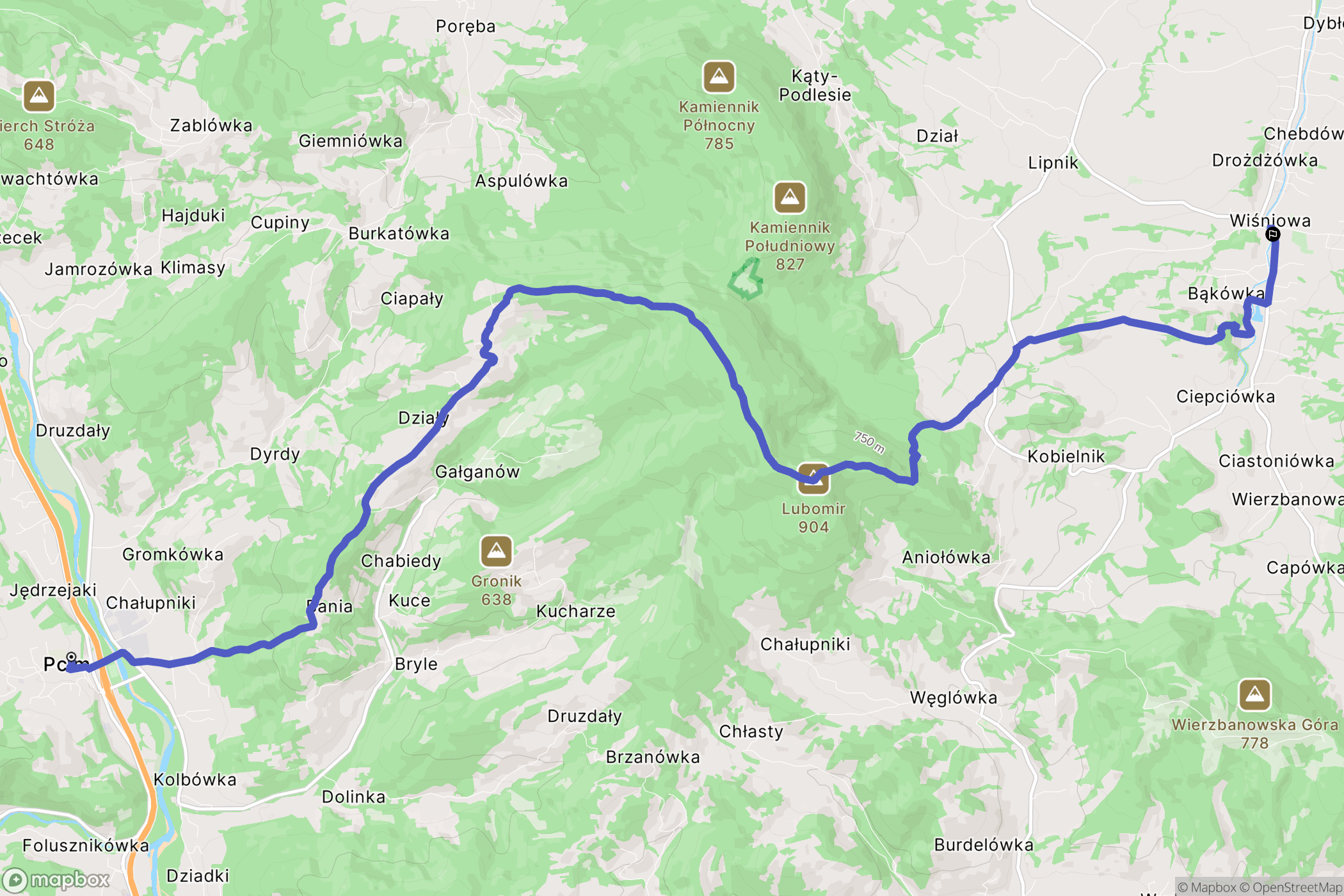 Pcim: mapa trasy - Poland