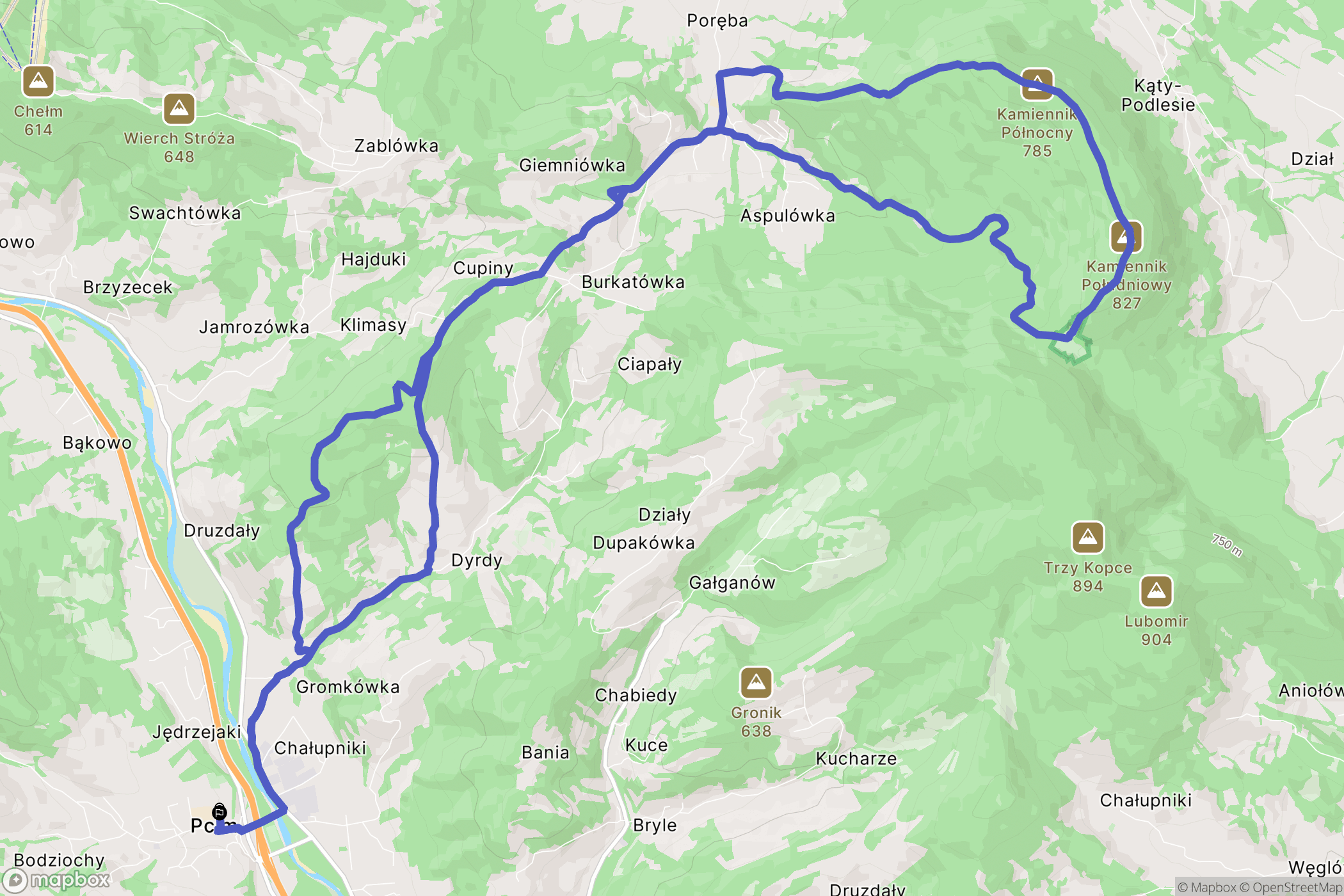 Pcim: mapa trasy - Poland