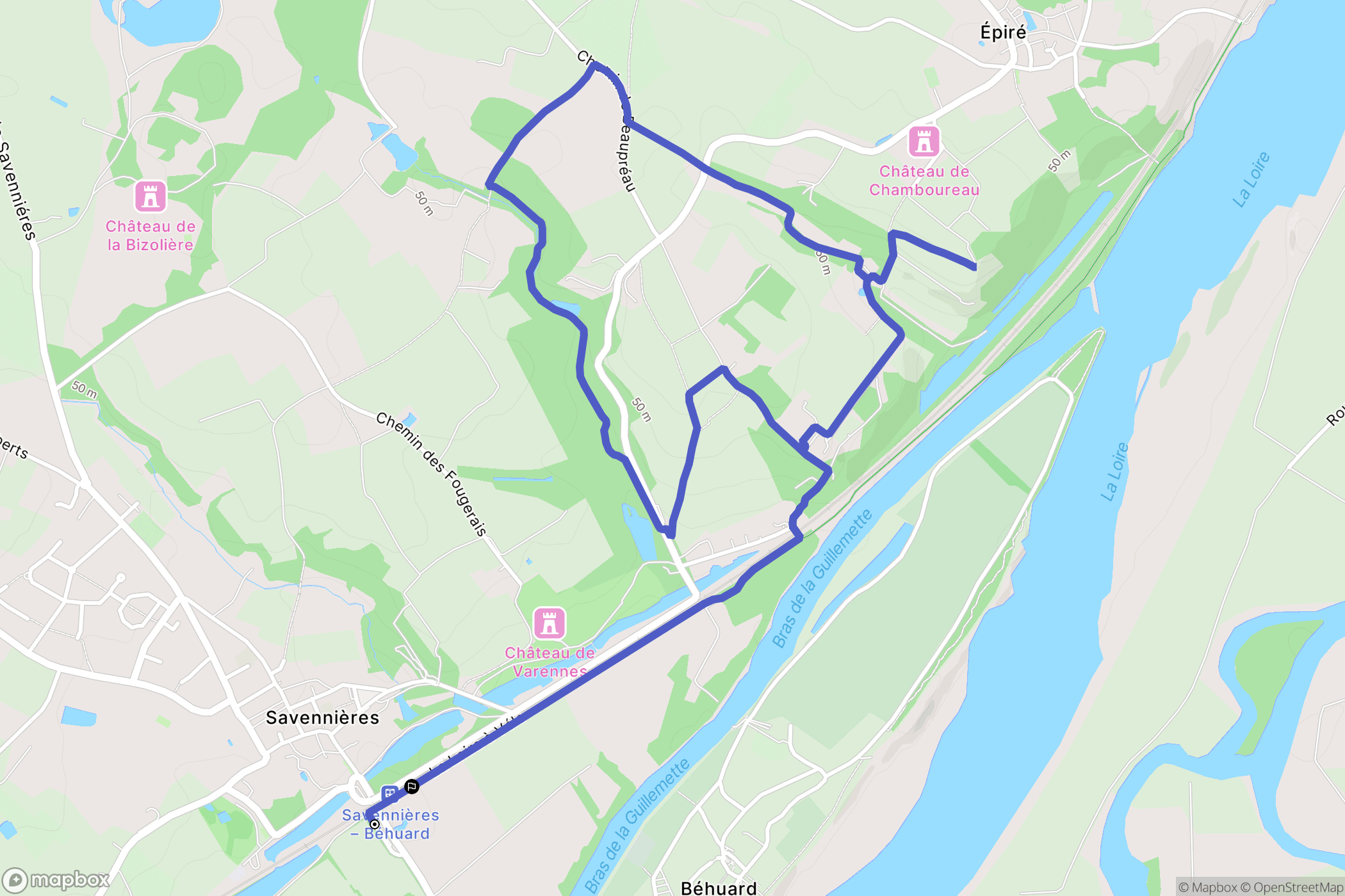 Savennières : carte du parcours de randonnée - France