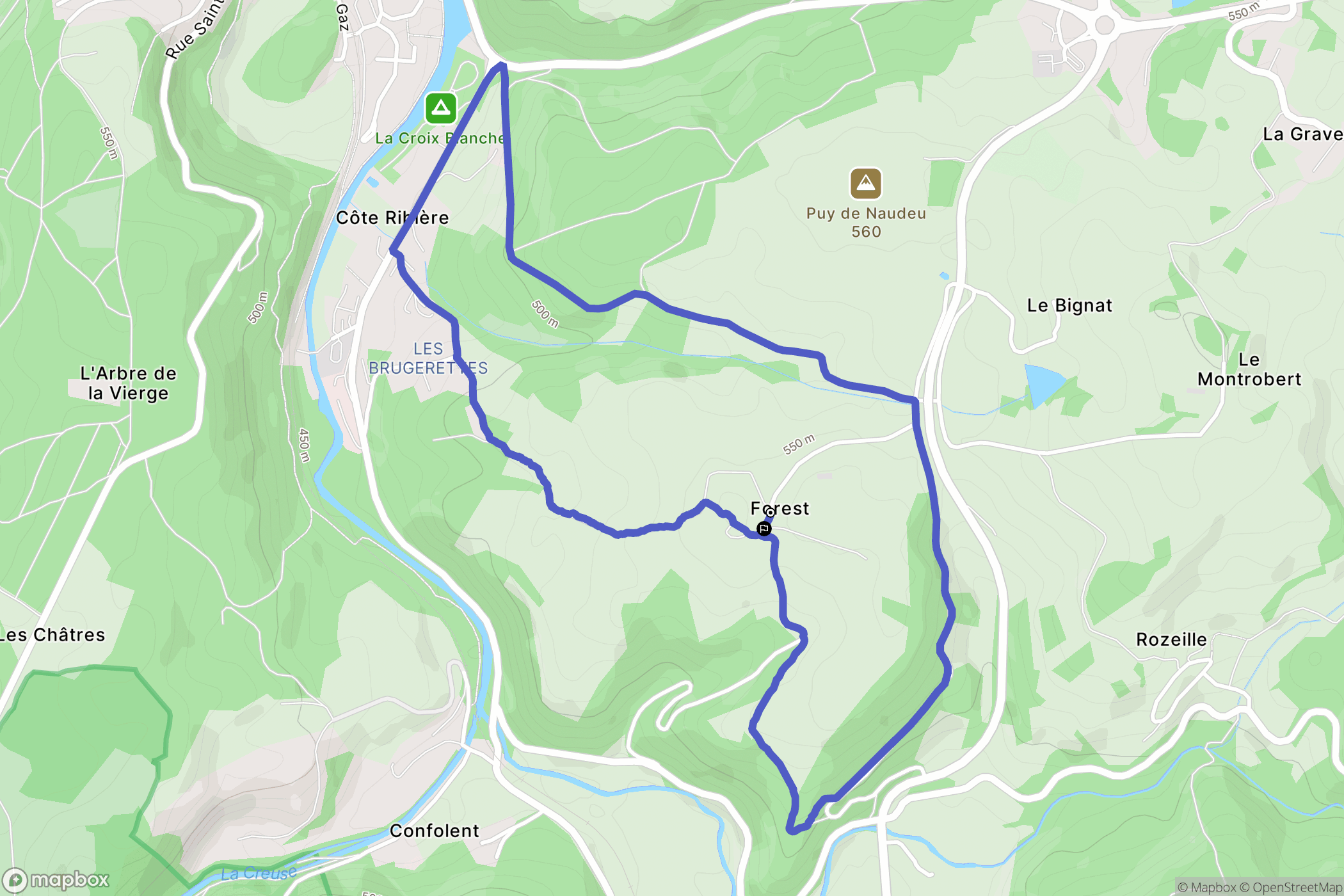 Moutier-Rozeille : carte du parcours de randonnée - France
