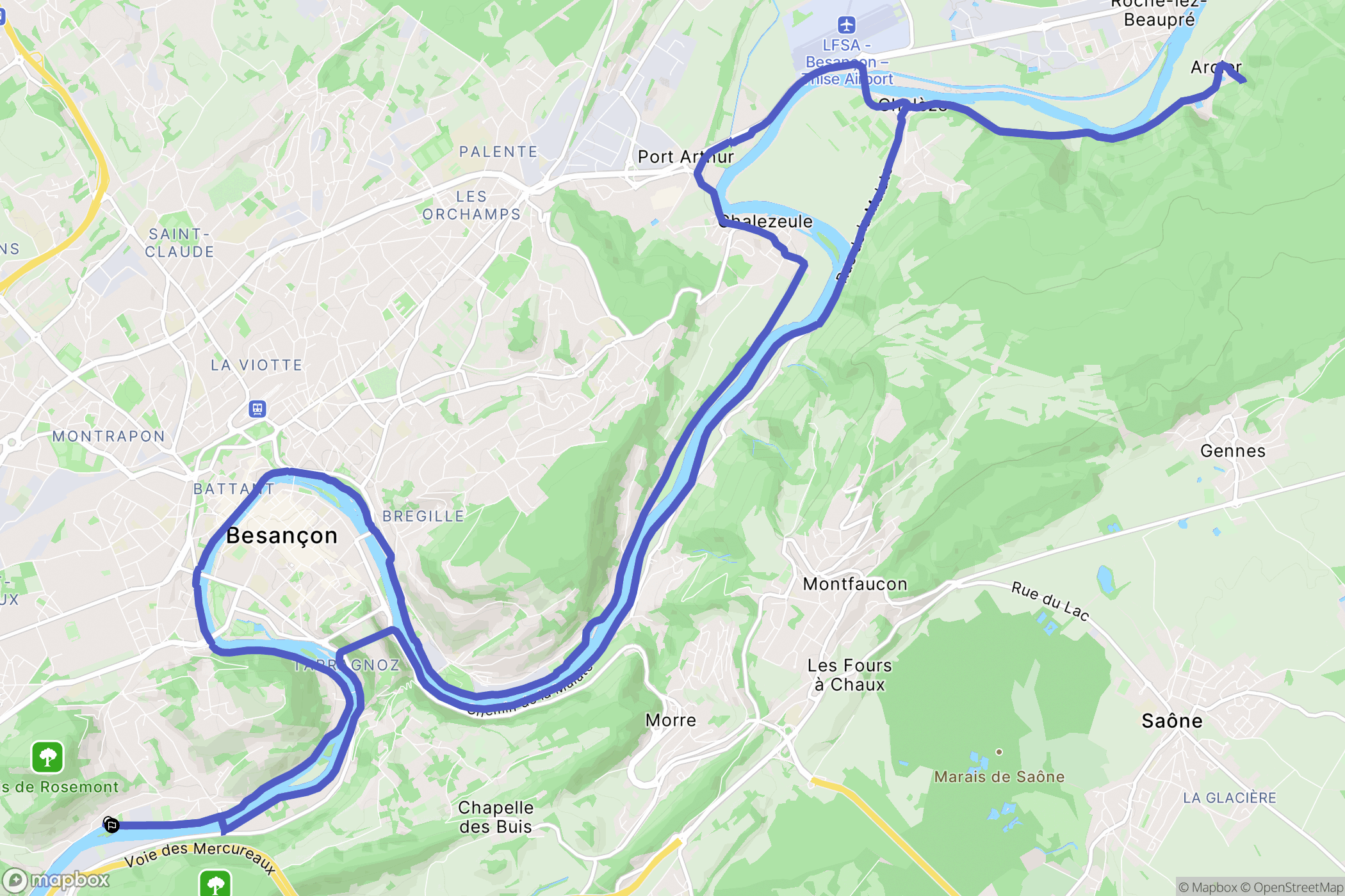 Besançon : carte du parcours de randonnée - France