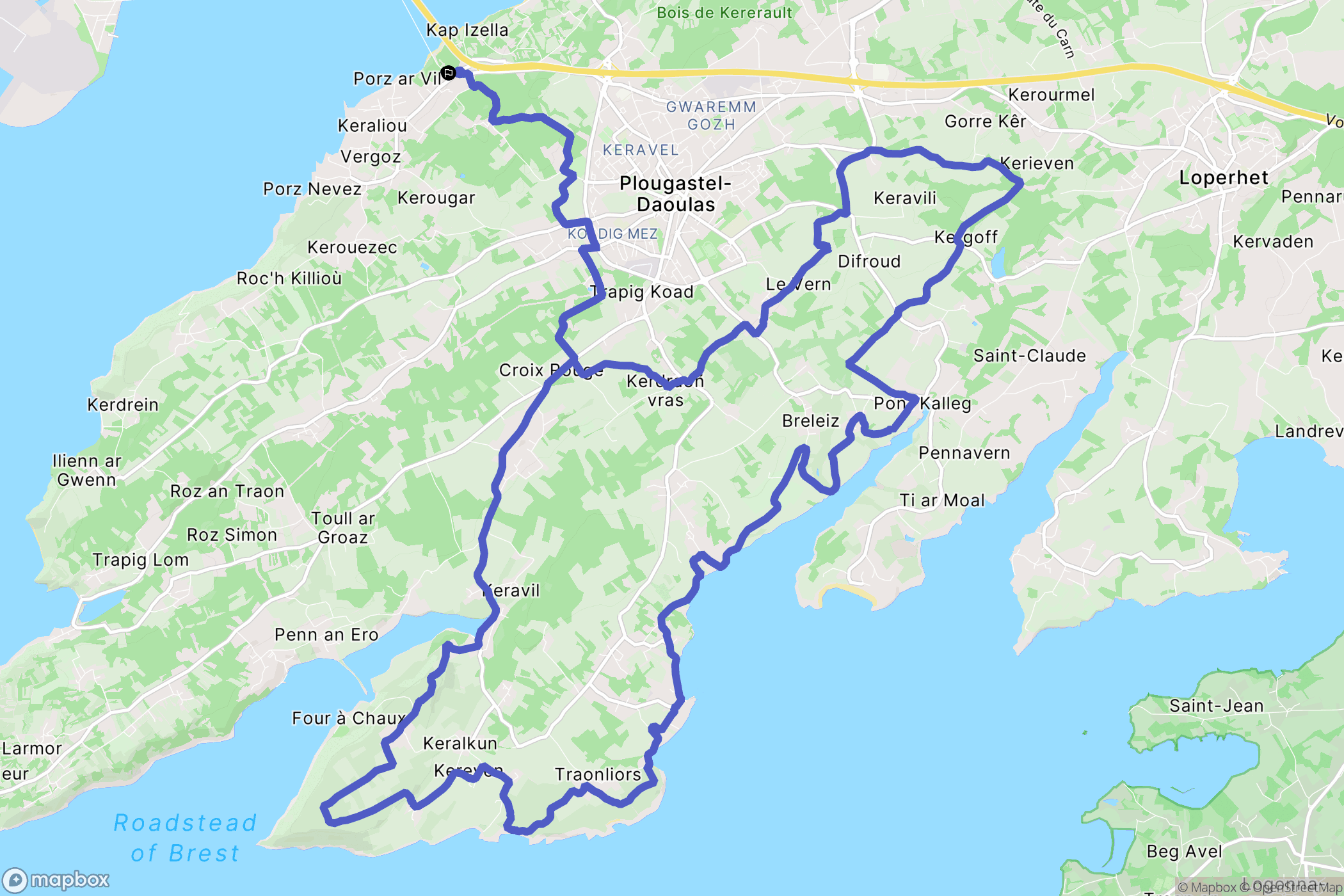 Roc'h Nivelen, Plougastel-Daoulas : carte du parcours de randonnée - France