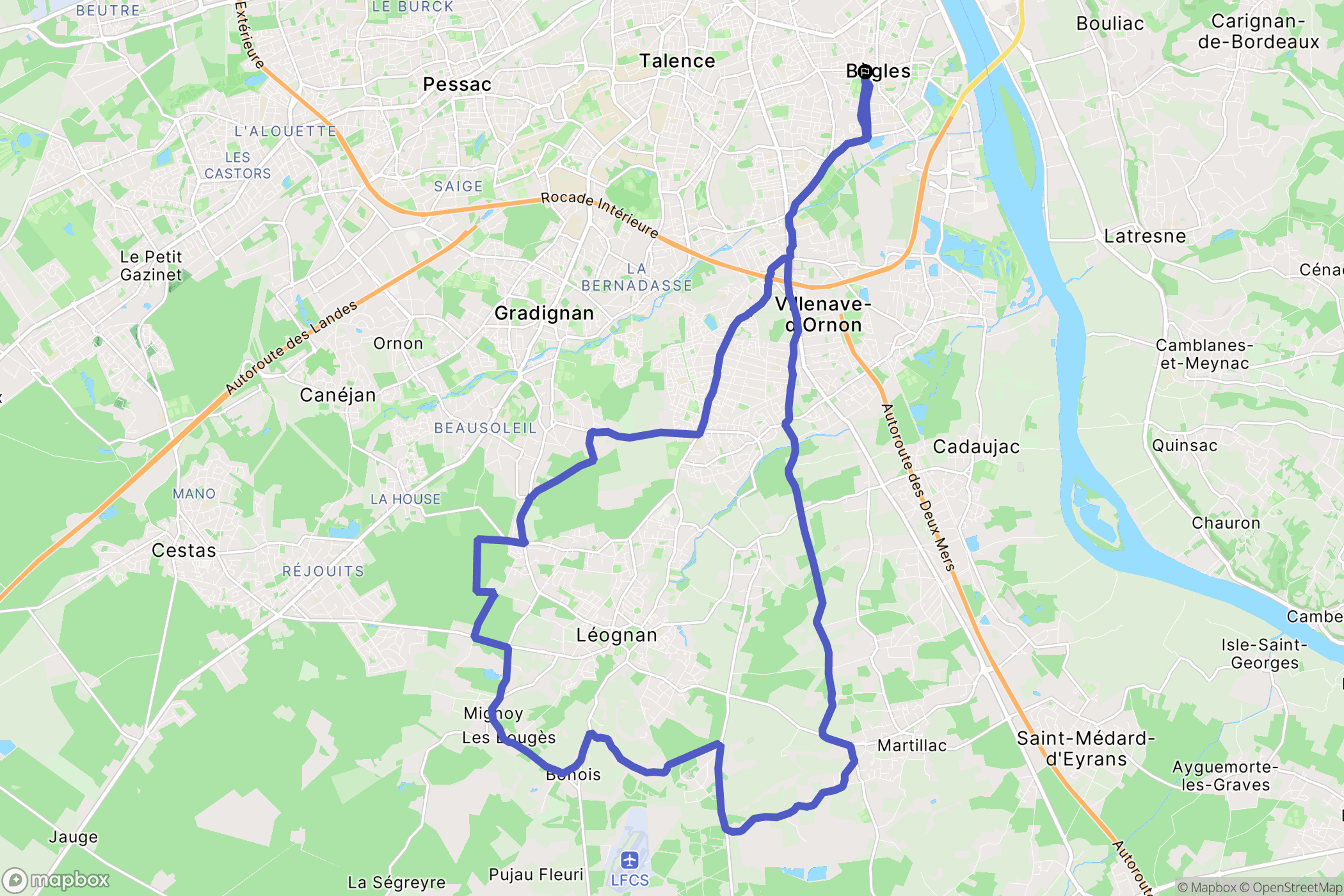 Bègles, Bordeaux : carte du parcours de randonnée - France