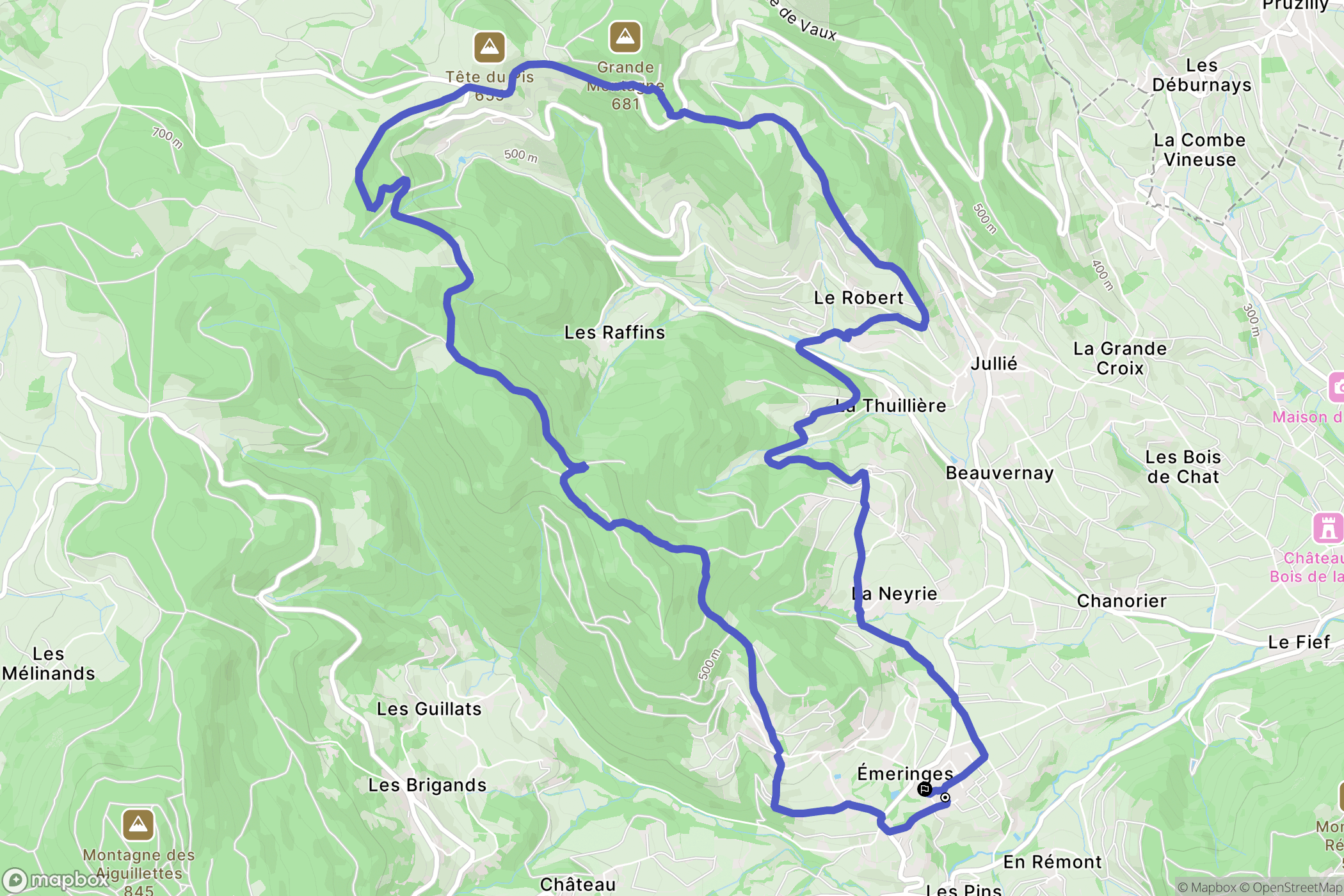 Émeringes : carte du parcours de randonnée - France