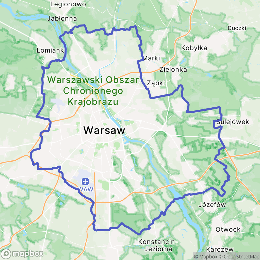 Mapa wyznaczonego obszaru szlaki-piesze-w-warszawie
