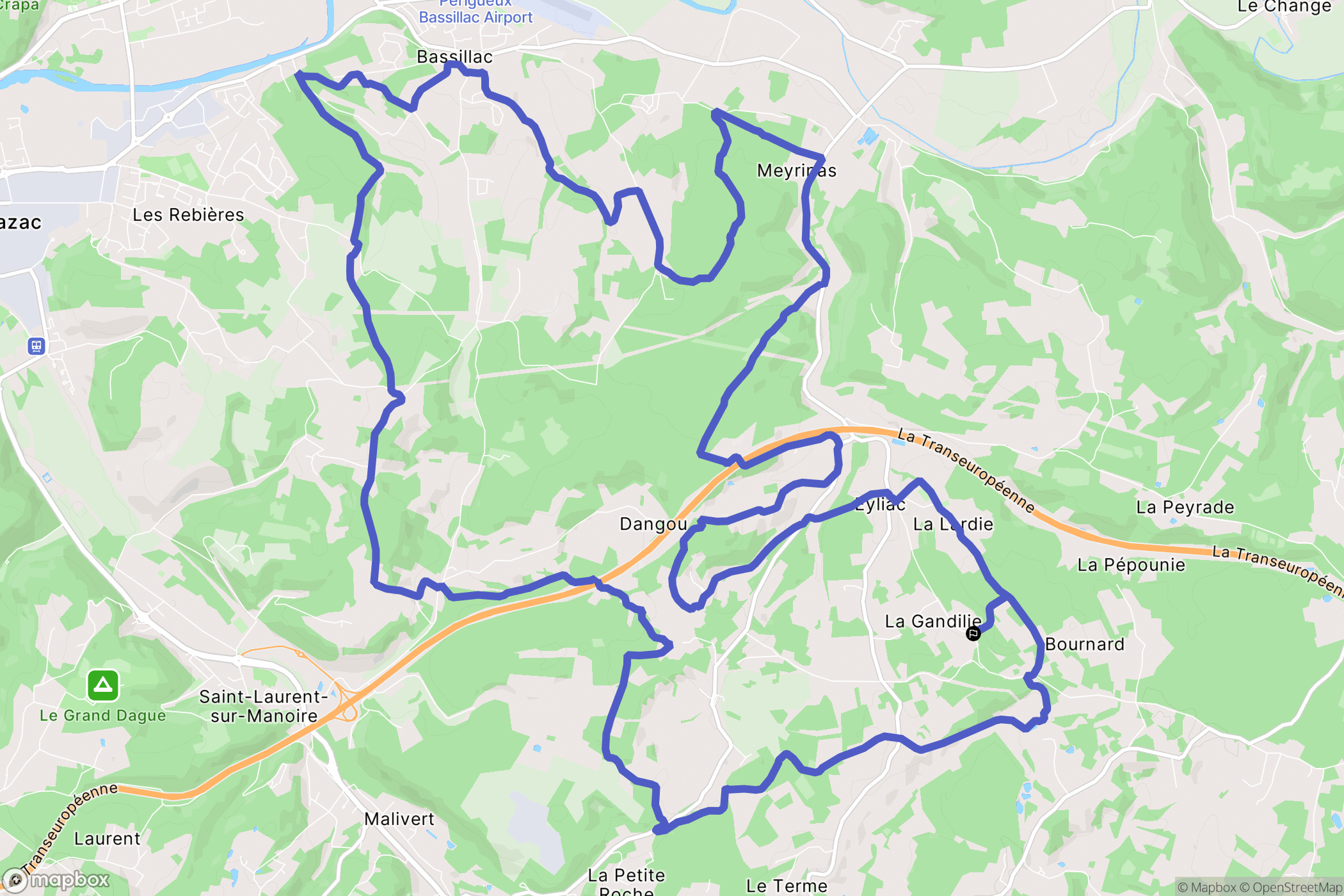 Bassillac et Auberoche : carte du parcours de randonnée - France