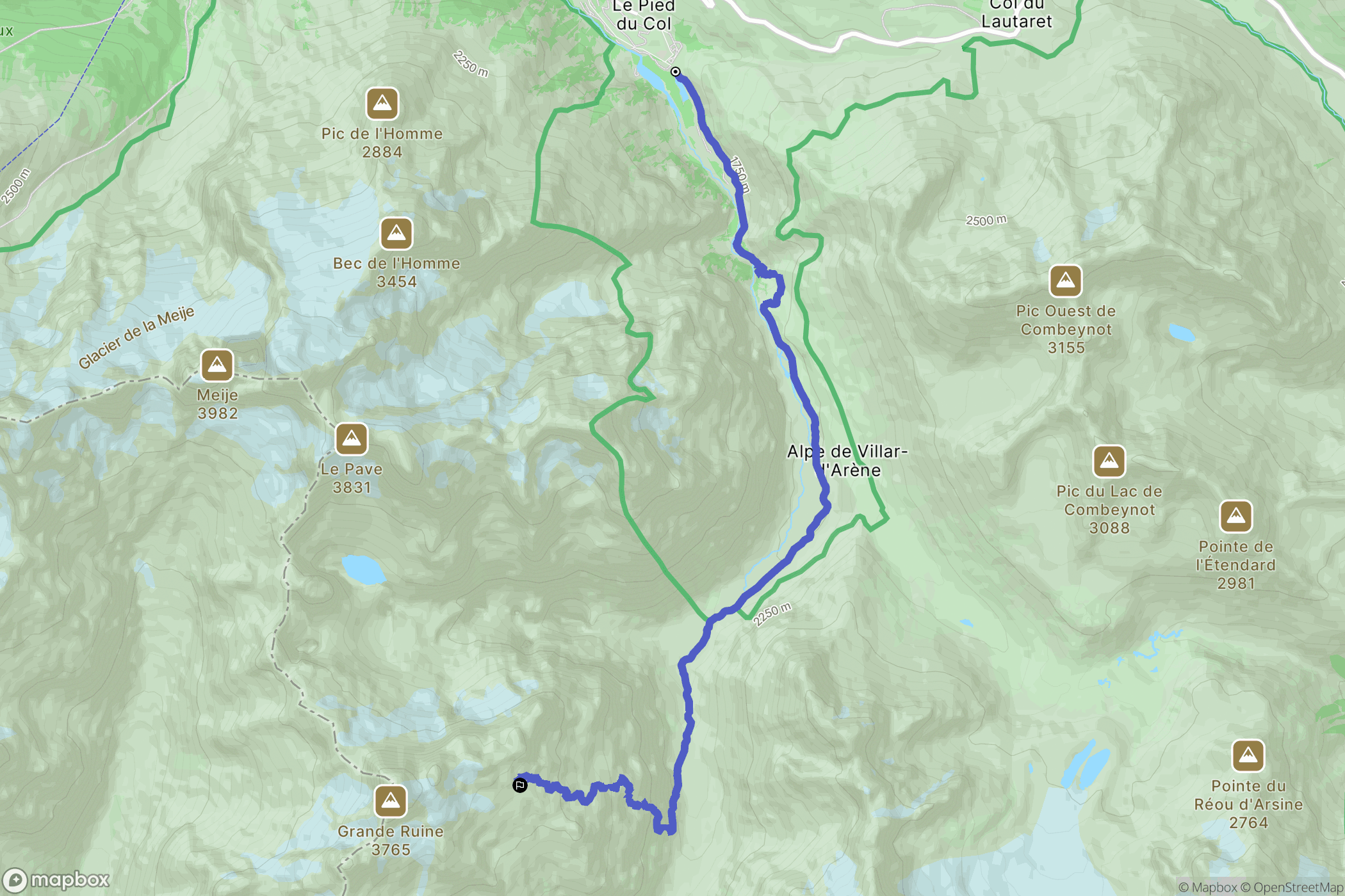 Le Pied du Col, Villar-d'Arêne : carte du parcours de randonnée - France