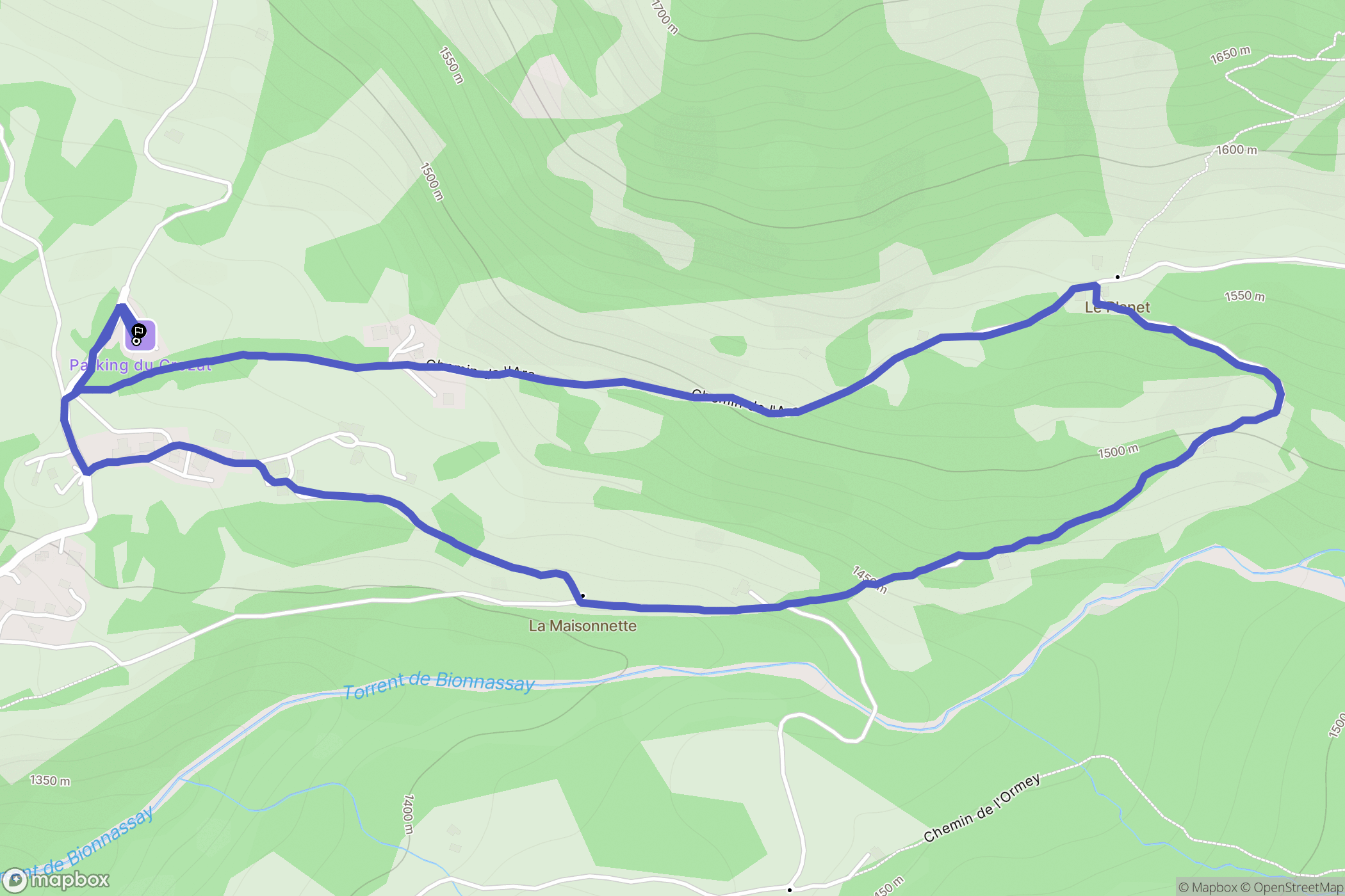 Bionnassay : carte du parcours de randonnée - France