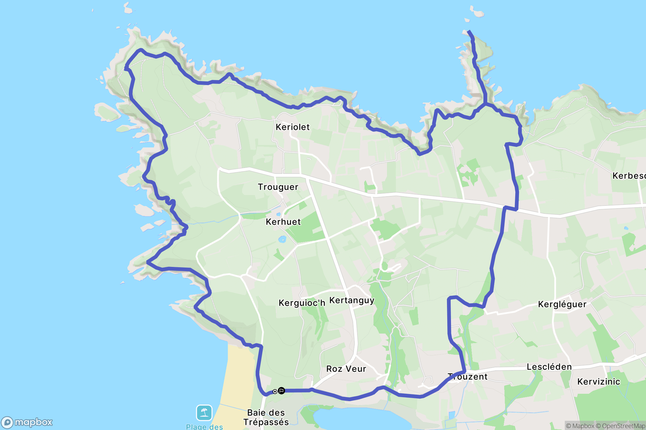 Le Finistère : carte du parcours de randonnée - France