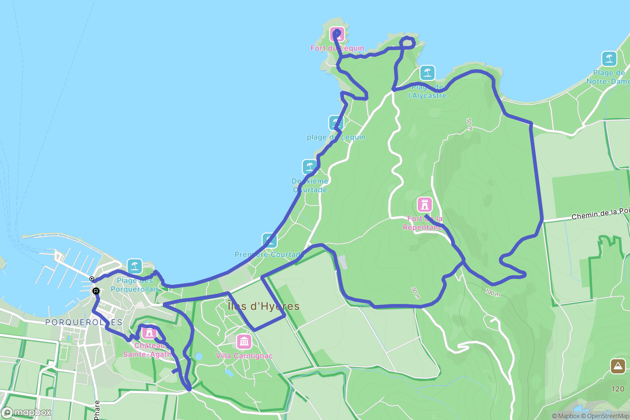 Porquerolles : carte du parcours de randonnée - France