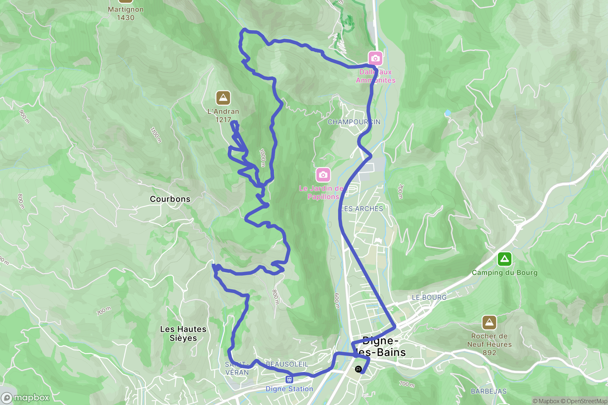 Digne-les-Bains : carte du parcours de randonnée - France