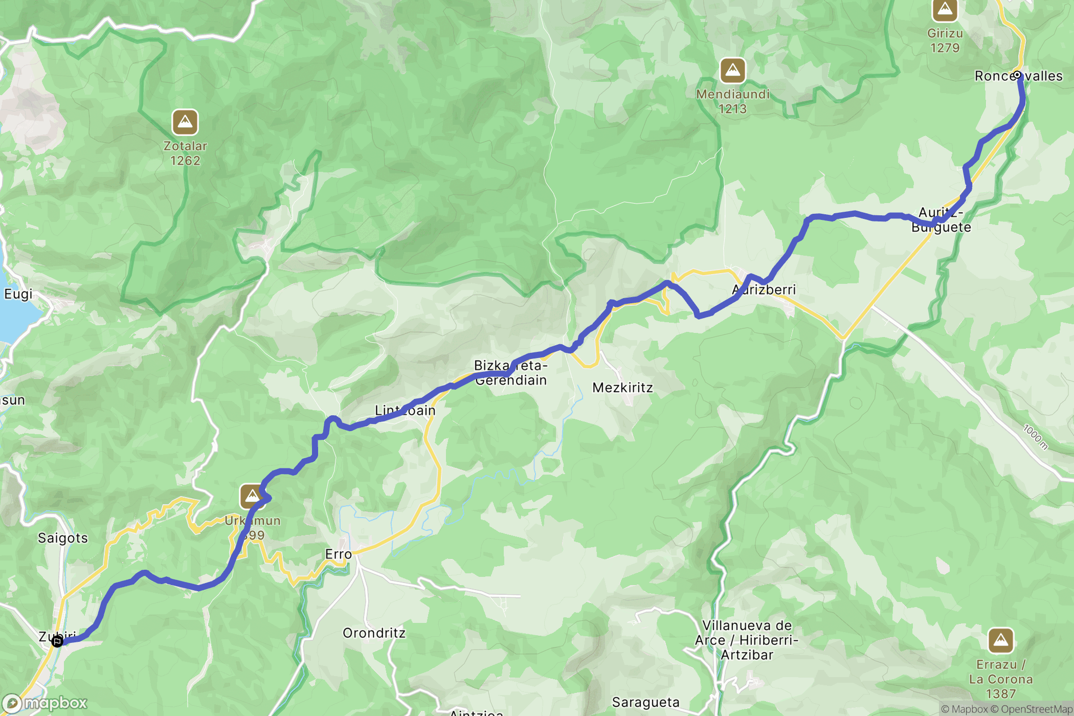 Roncesvalles : carte du parcours de randonnée - Spain