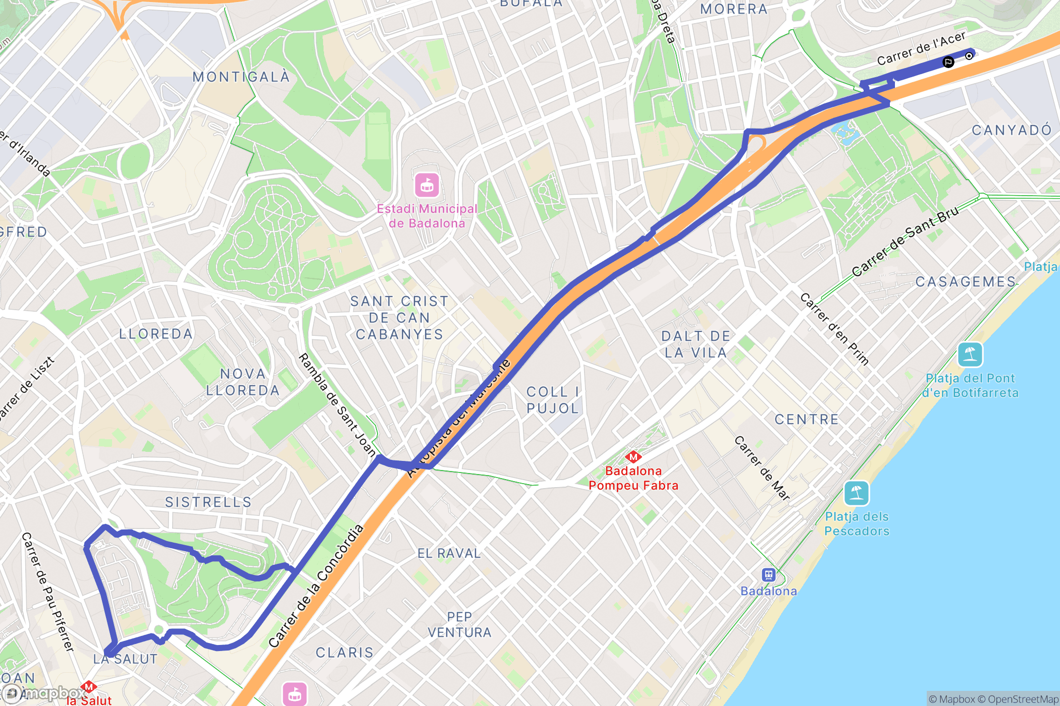 Badalona : carte du parcours de randonnée - Spain