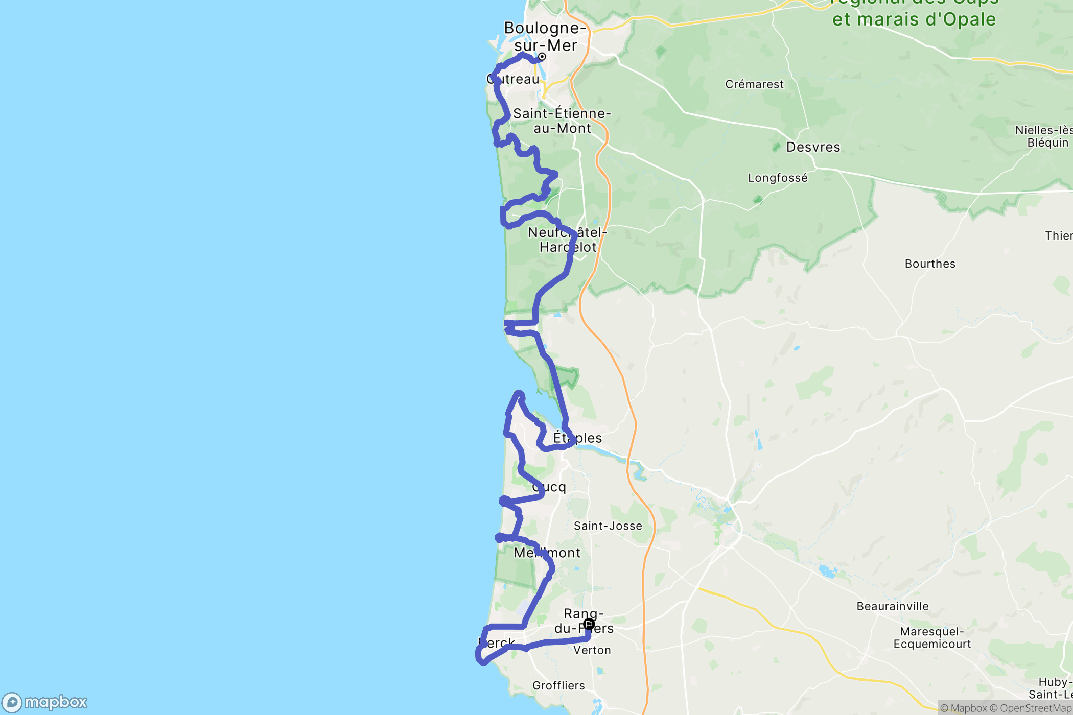 Boulogne-sur-Mer : carte du parcours de randonnée - France