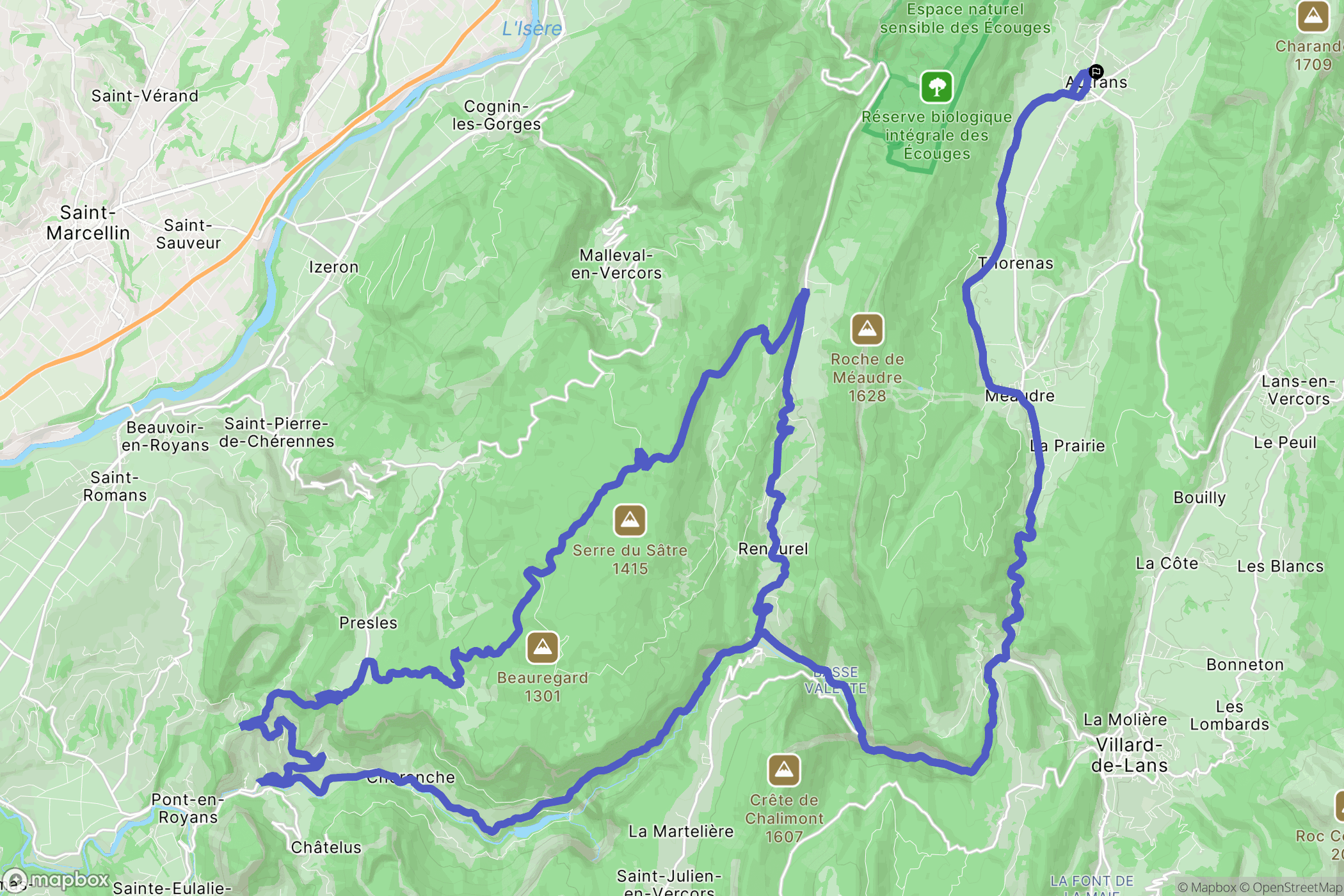 Autrans-Méaudre en Vercors : carte du parcours de randonnée - France