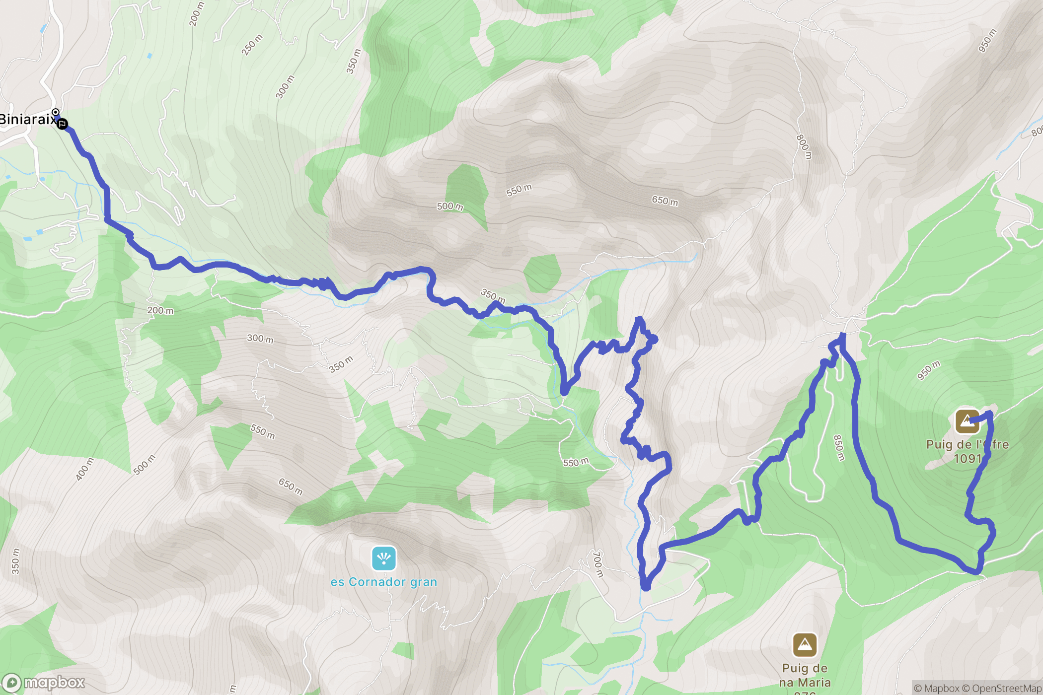 Biniaraix : carte du parcours de randonnée - Spain