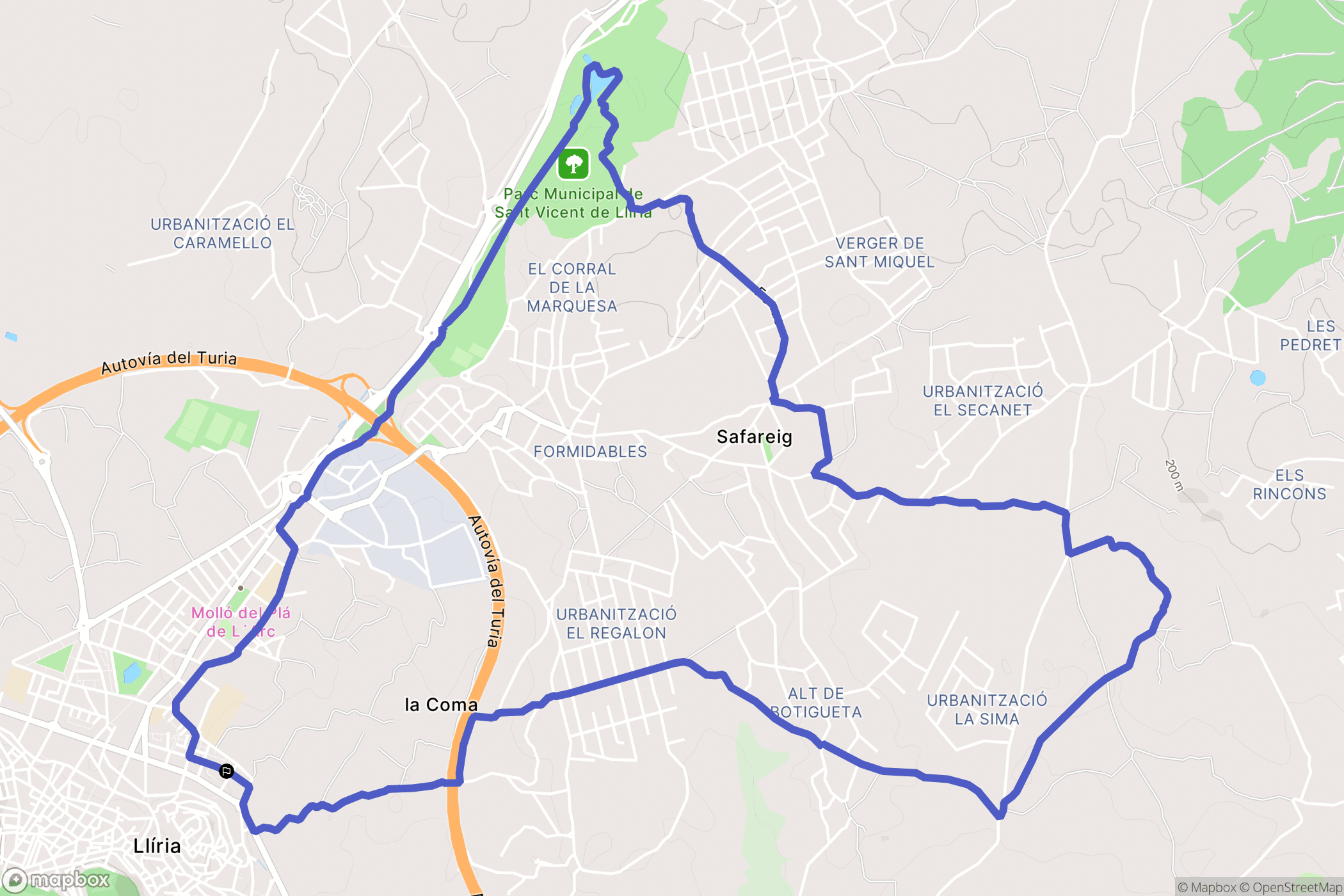 Liria : carte du parcours de randonnée - Spain