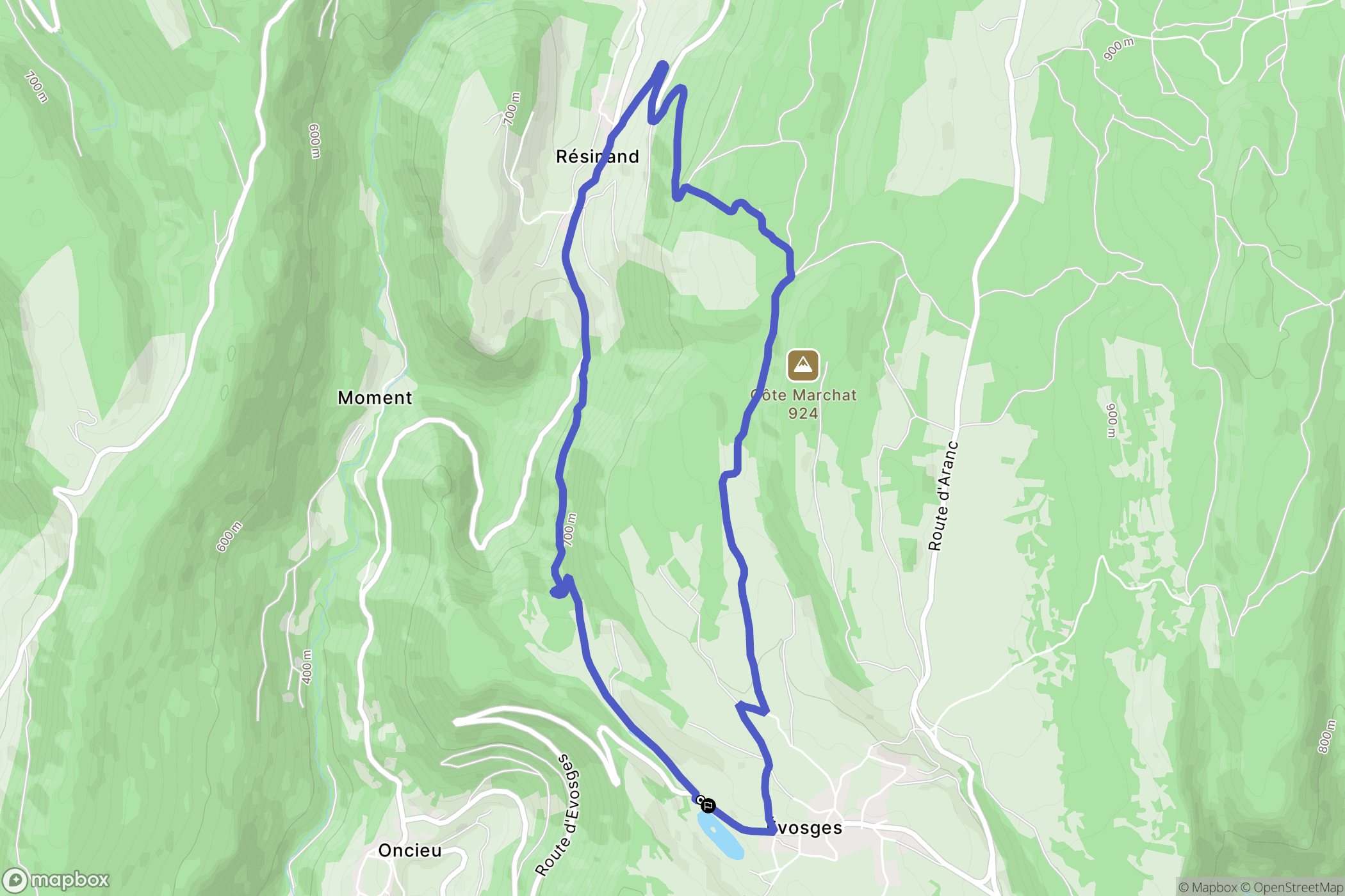 Évosges : carte du parcours de randonnée - France
