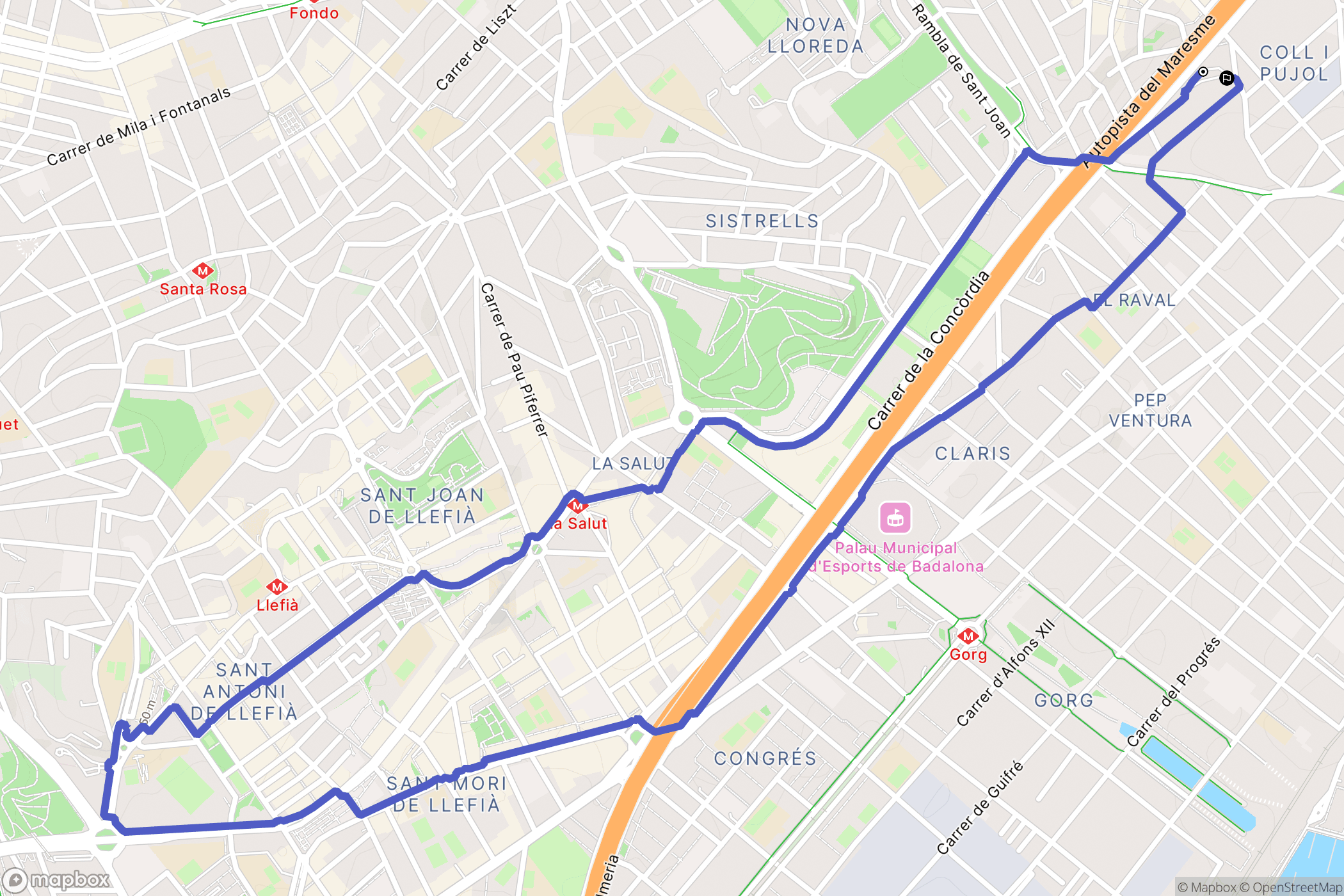 Badalona : carte du parcours de randonnée - Spain