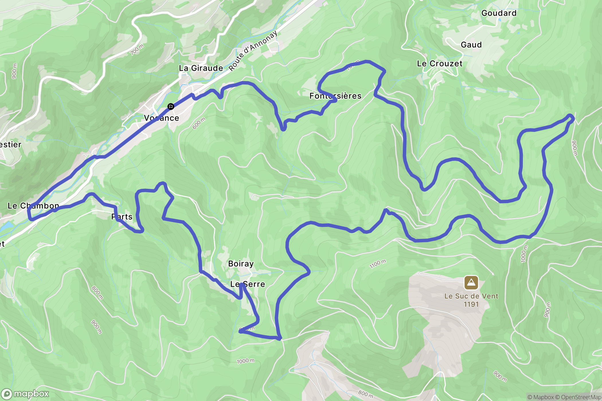 Vocance : carte du parcours de randonnée - France