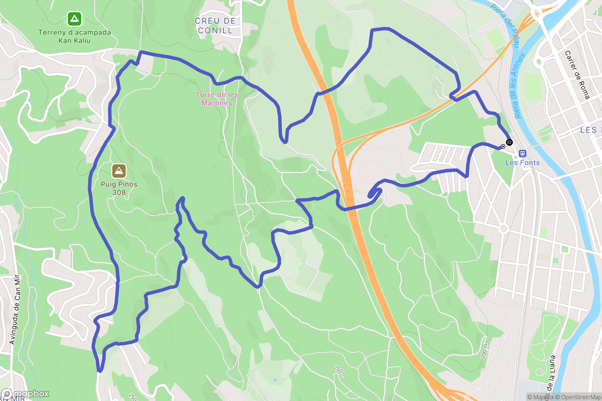 Les Fonts : carte du parcours de randonnée - Spain