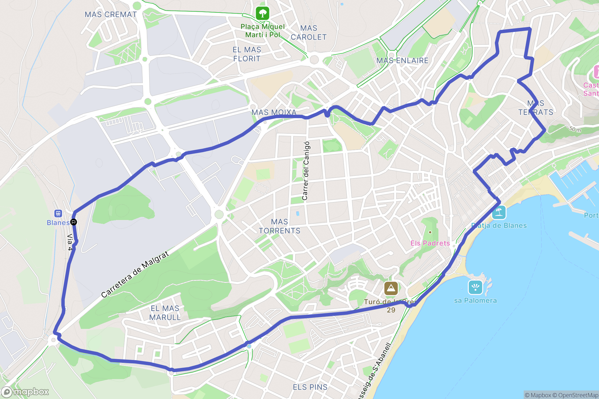 Blanes : carte du parcours de randonnée - Spain