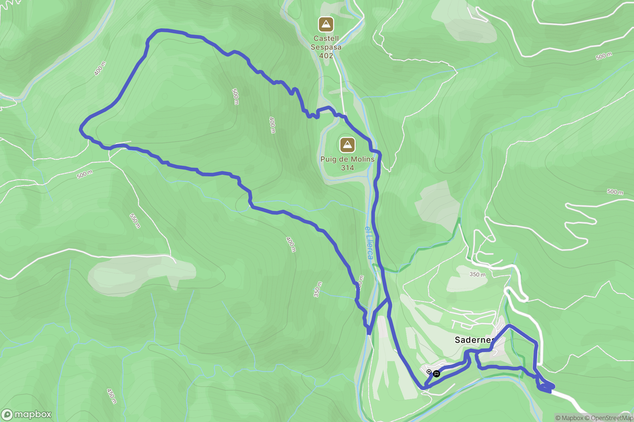 Sadernes : carte du parcours de randonnée - Spain