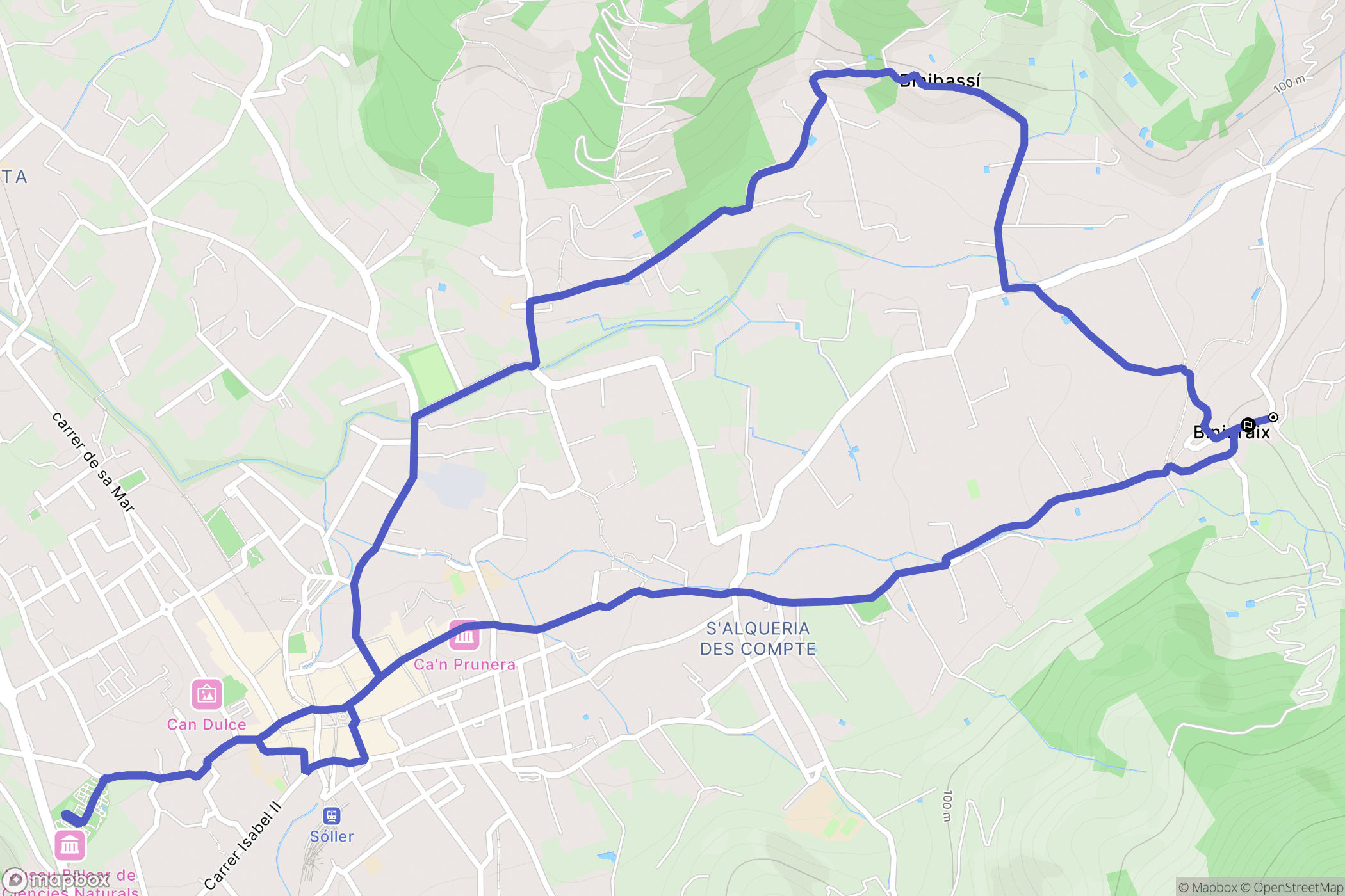 Biniaraix : carte du parcours de randonnée - Spain